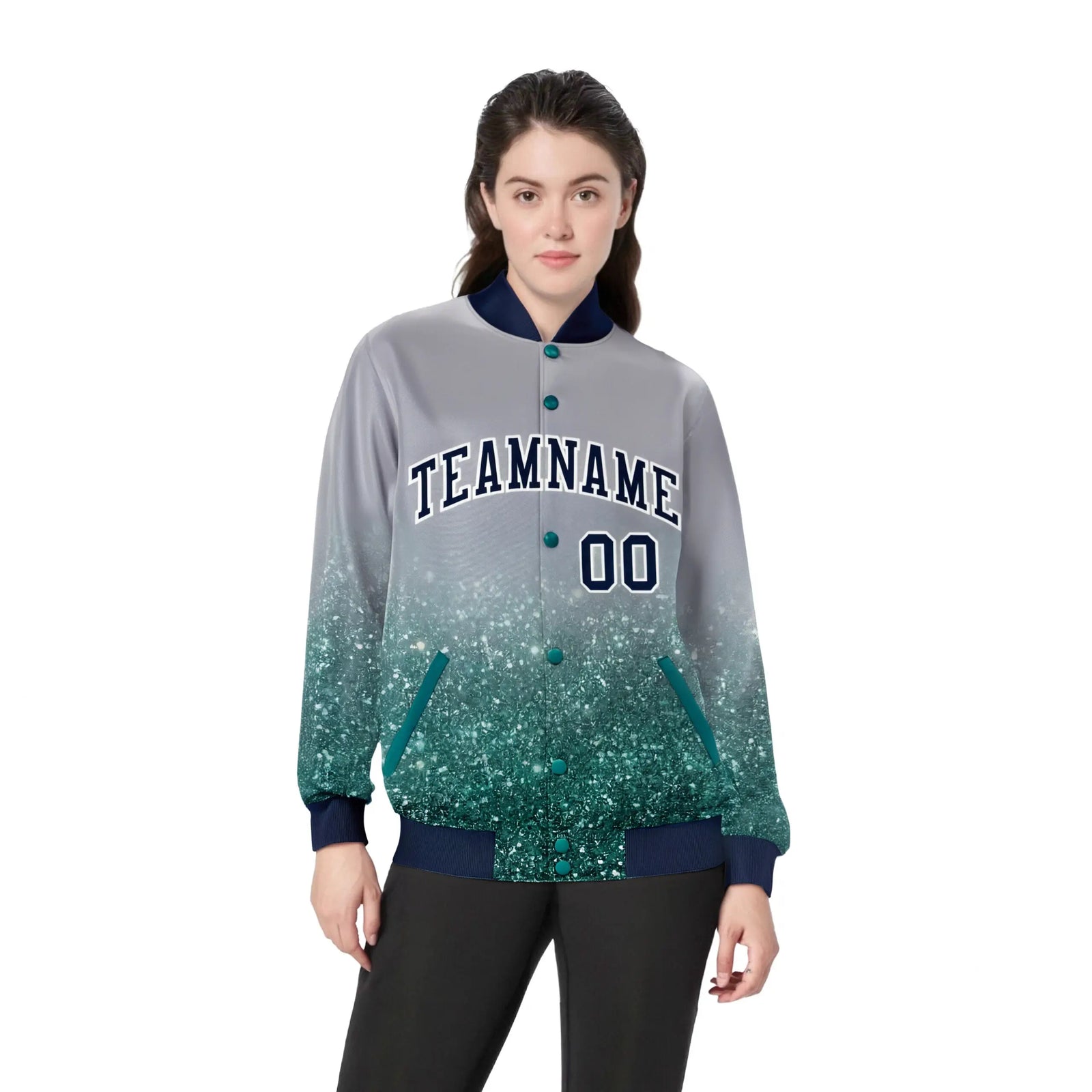 Custom Gray Varsity Full-Snap Sequins Pattern Letterman Baseball Jacket