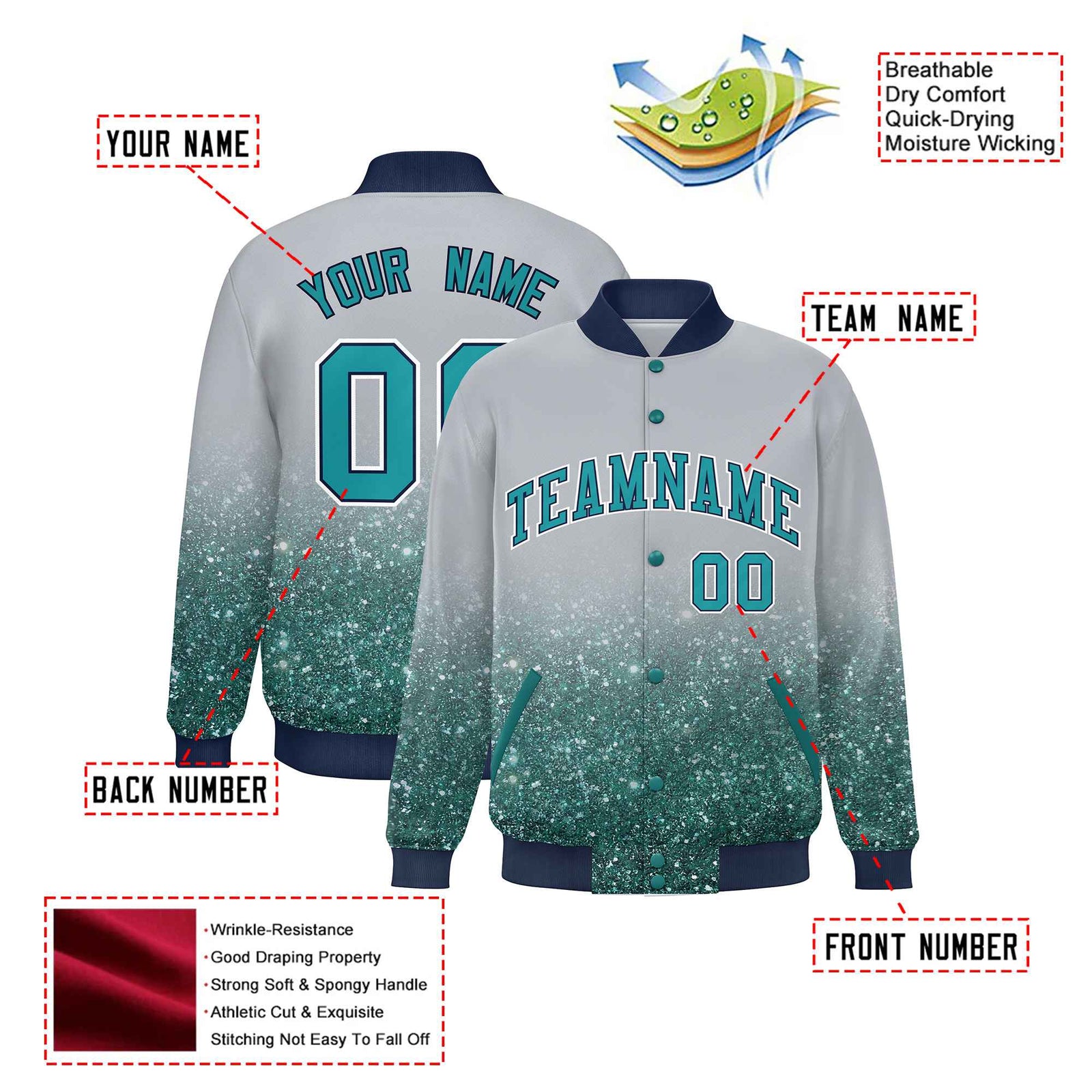 Custom Gray Varsity Full-Snap Sequins Pattern Letterman Baseball Jacket