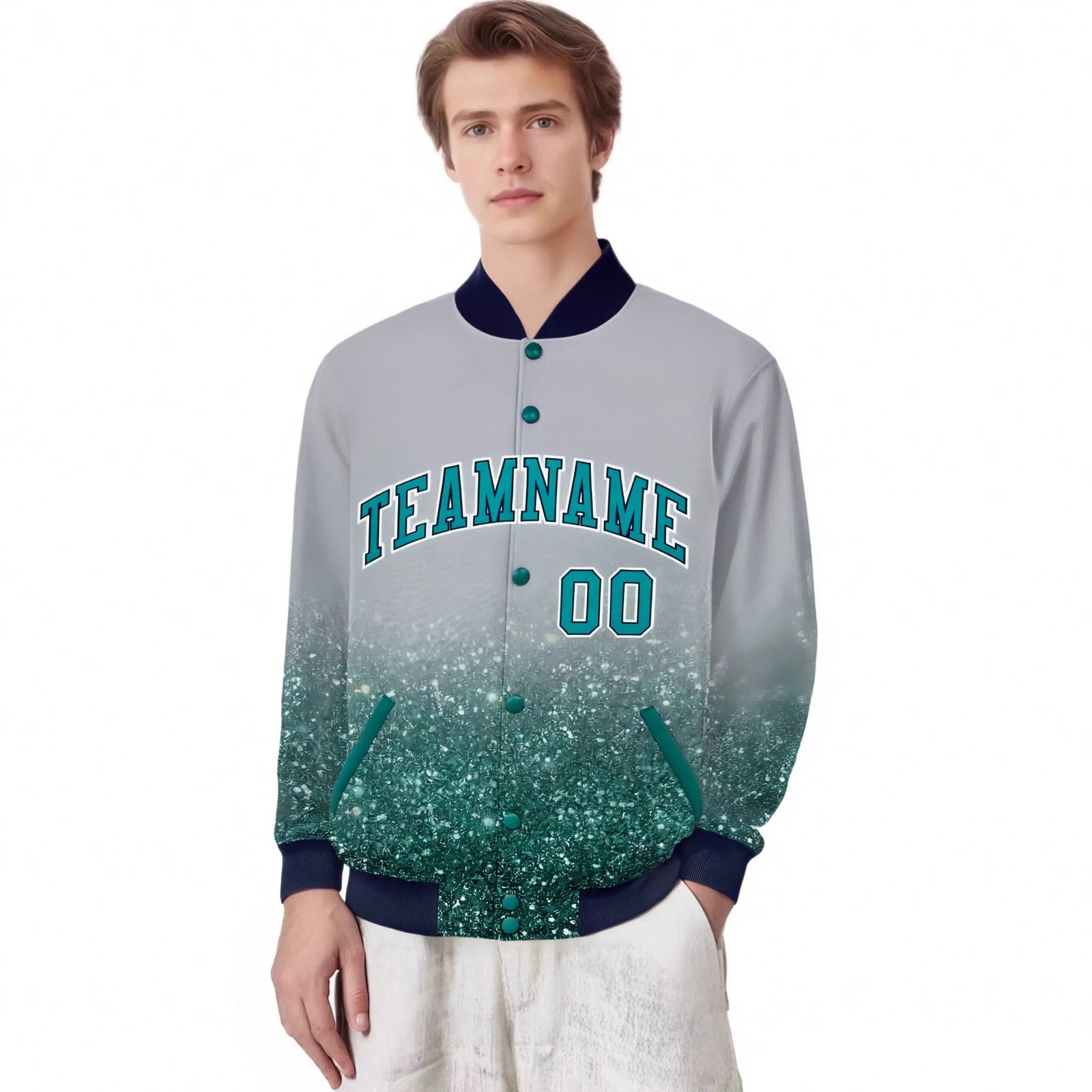 Custom Gray Varsity Full-Snap Sequins Pattern Letterman Baseball Jacket