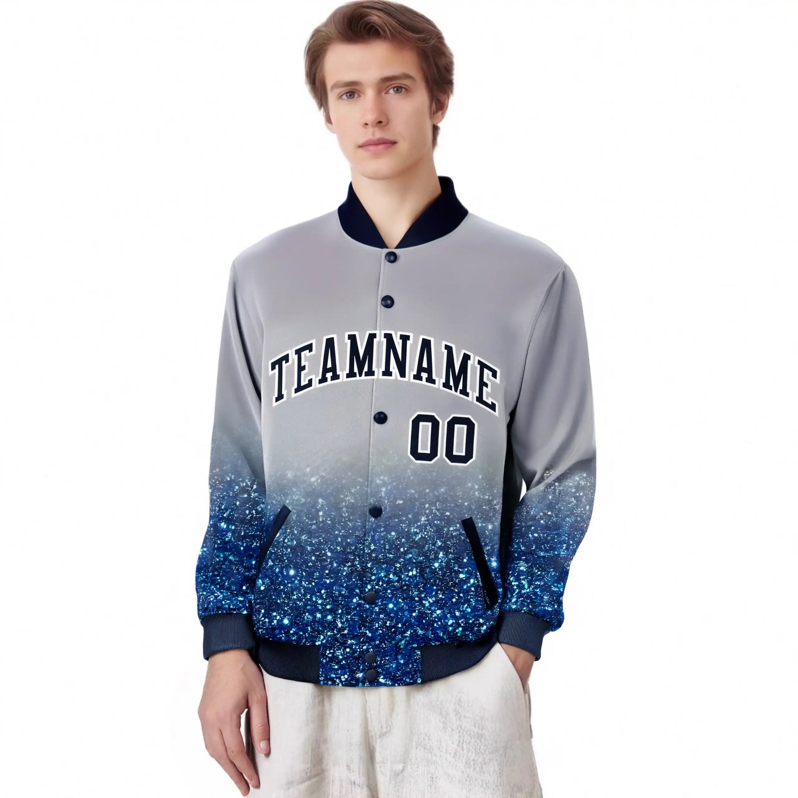 Custom Gray Varsity Full-Snap Sequins Pattern Letterman Baseball Jacket