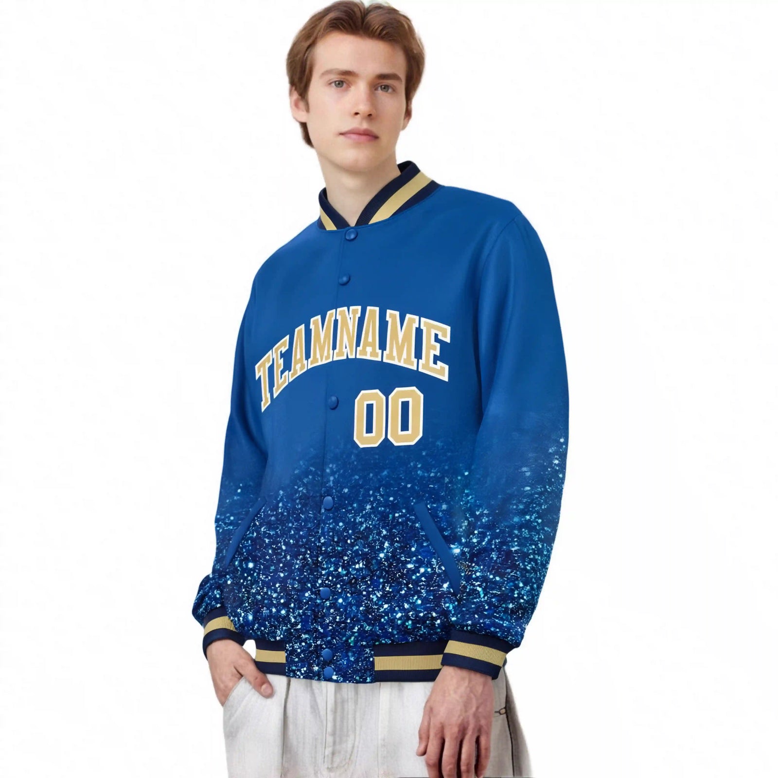 Custom Royal Blue Varsity Full-Snap Sequins Pattern Letterman Baseball Jacket