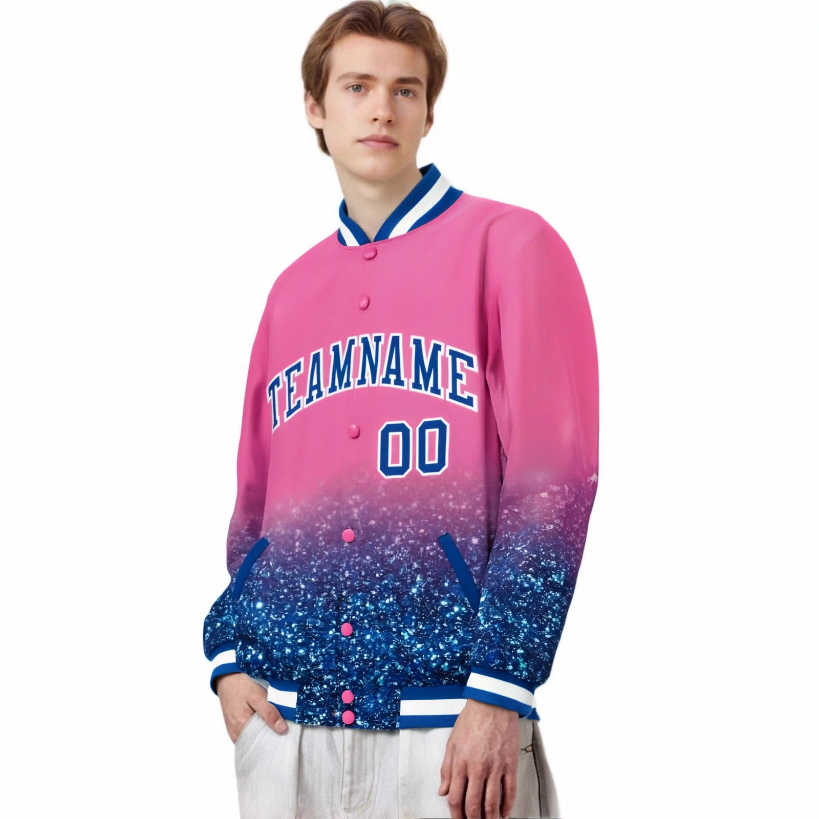 Custom Pink Varsity Full-Snap Sequins Pattern Letterman Baseball Jacket