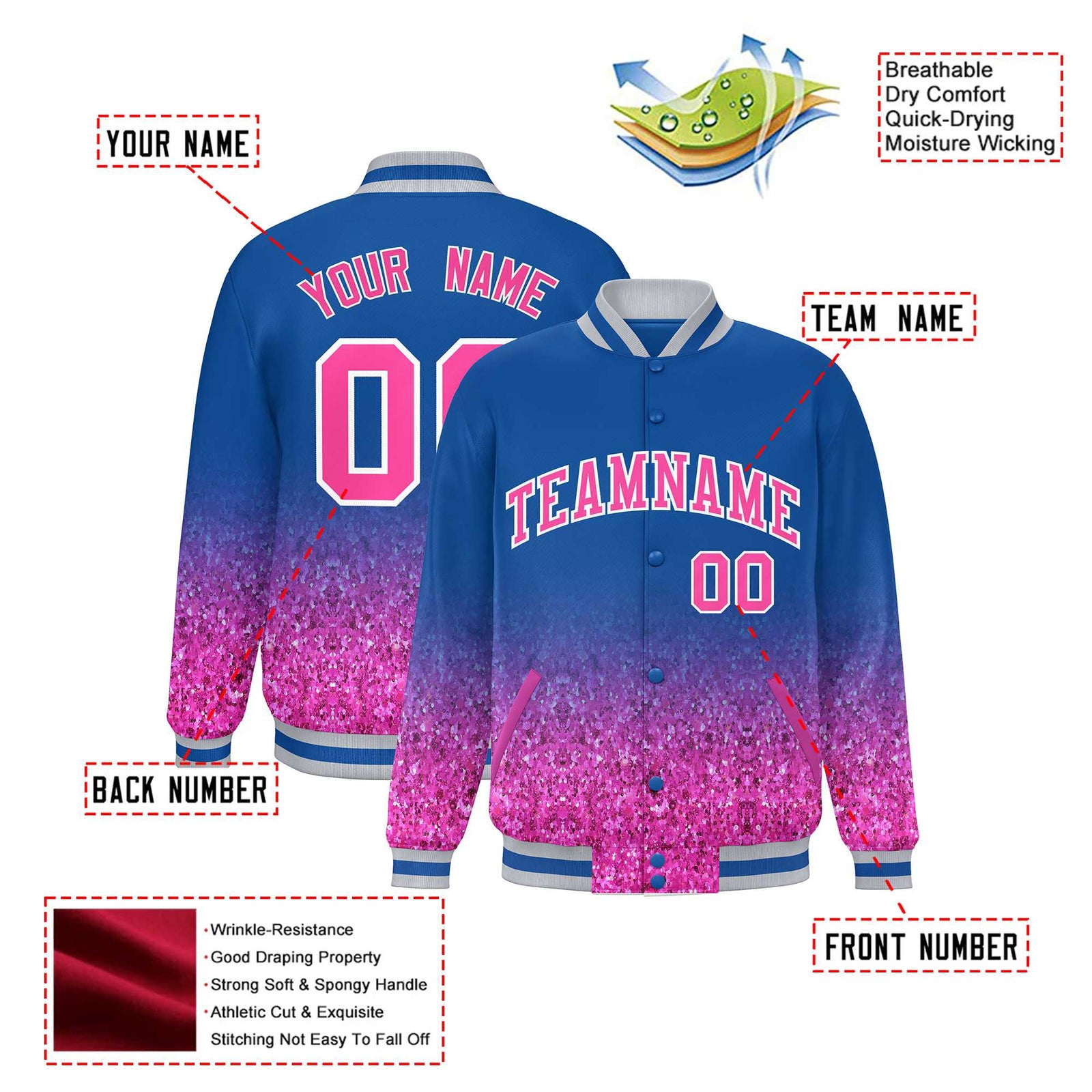 Custom Royal Blue Varsity Full-Snap Sequins Pattern Letterman Baseball Jacket