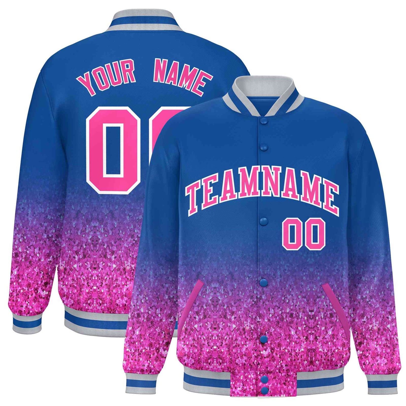 Custom Royal Blue Varsity Full-Snap Sequins Pattern Letterman Baseball Jacket