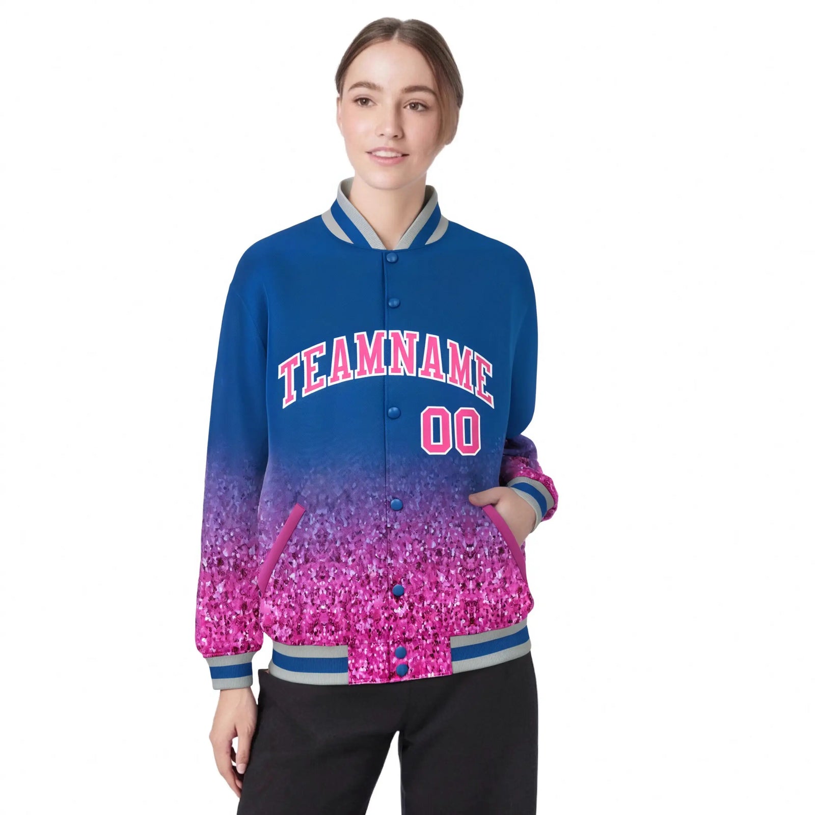 Custom Royal Blue Varsity Full-Snap Sequins Pattern Letterman Baseball Jacket