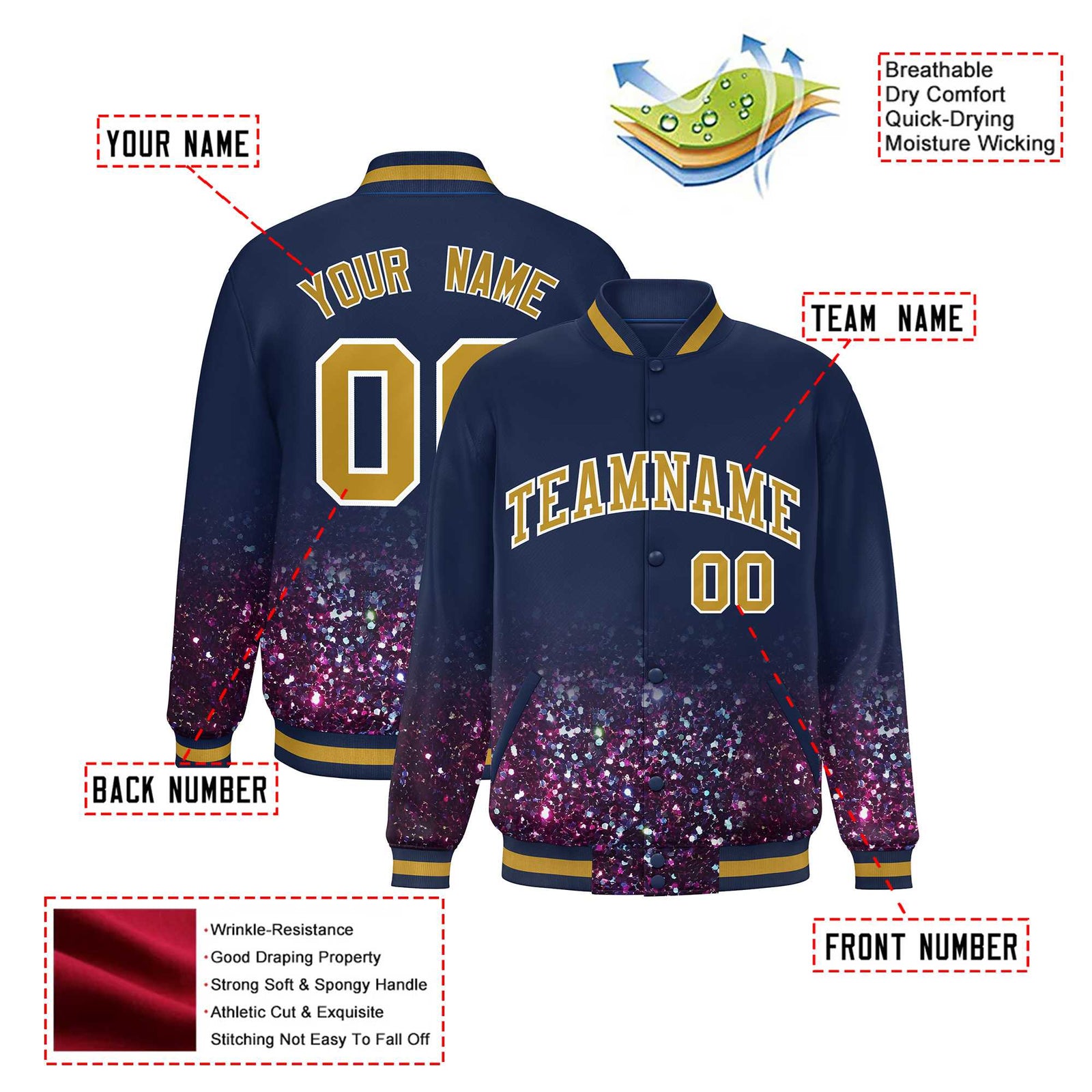 Custom Navy Varsity Full-Snap Sequins Pattern Letterman Baseball Jacket
