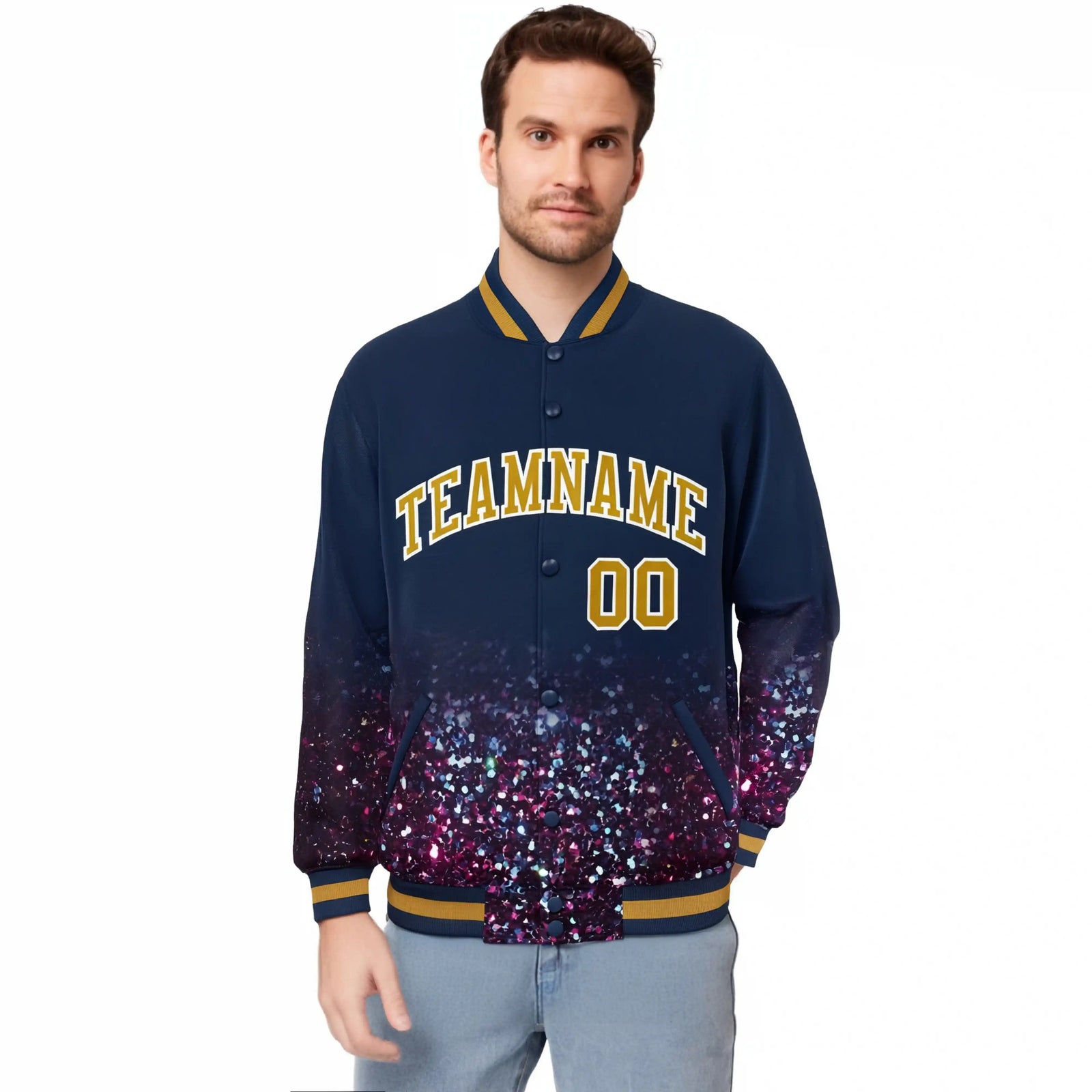 Custom Navy Varsity Full-Snap Sequins Pattern Letterman Baseball Jacket
