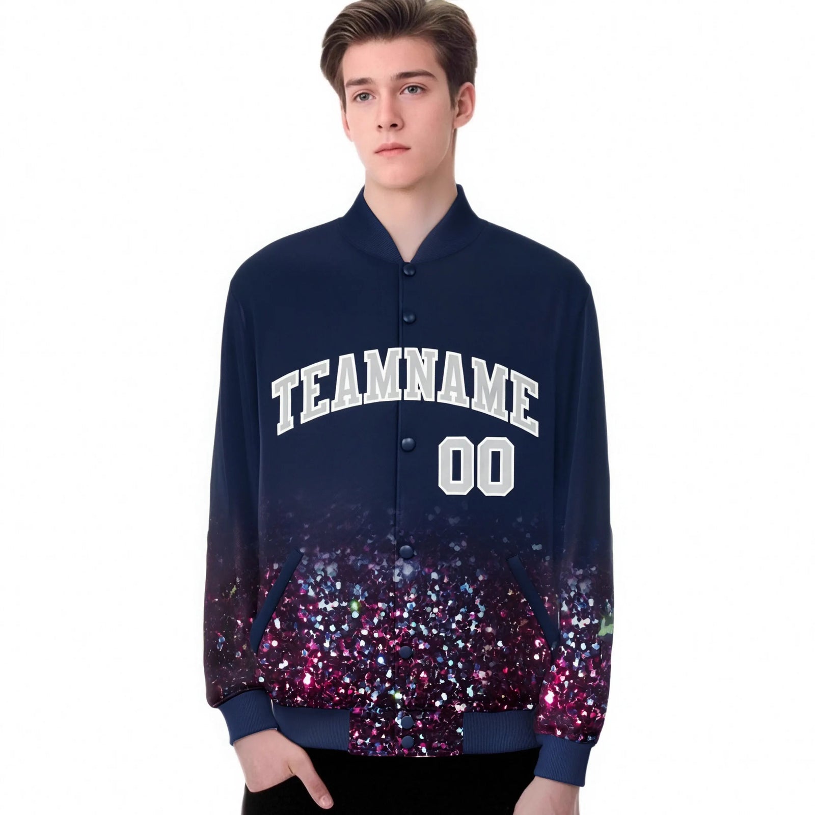 Custom Navy Varsity Full-Snap Sequins Pattern Letterman Baseball Jacket