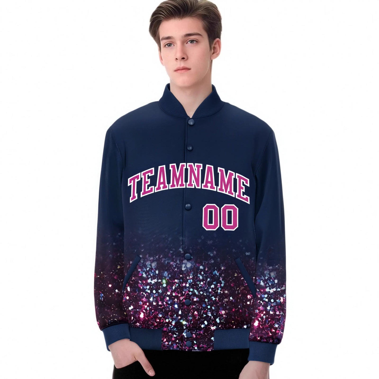 Custom Navy Varsity Full-Snap Sequins Pattern Letterman Baseball Jacket