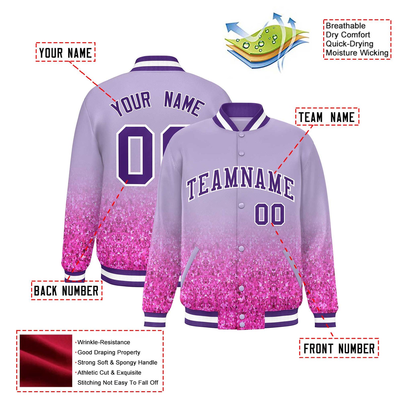 Custom Light Purple Varsity Full-Snap Sequins Pattern Letterman Baseball Jacket