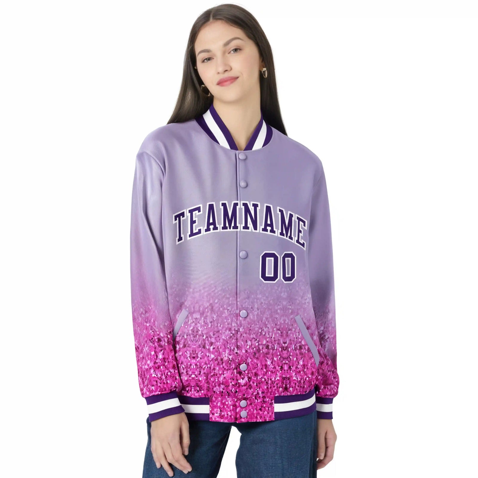 Custom Light Purple Varsity Full-Snap Sequins Pattern Letterman Baseball Jacket