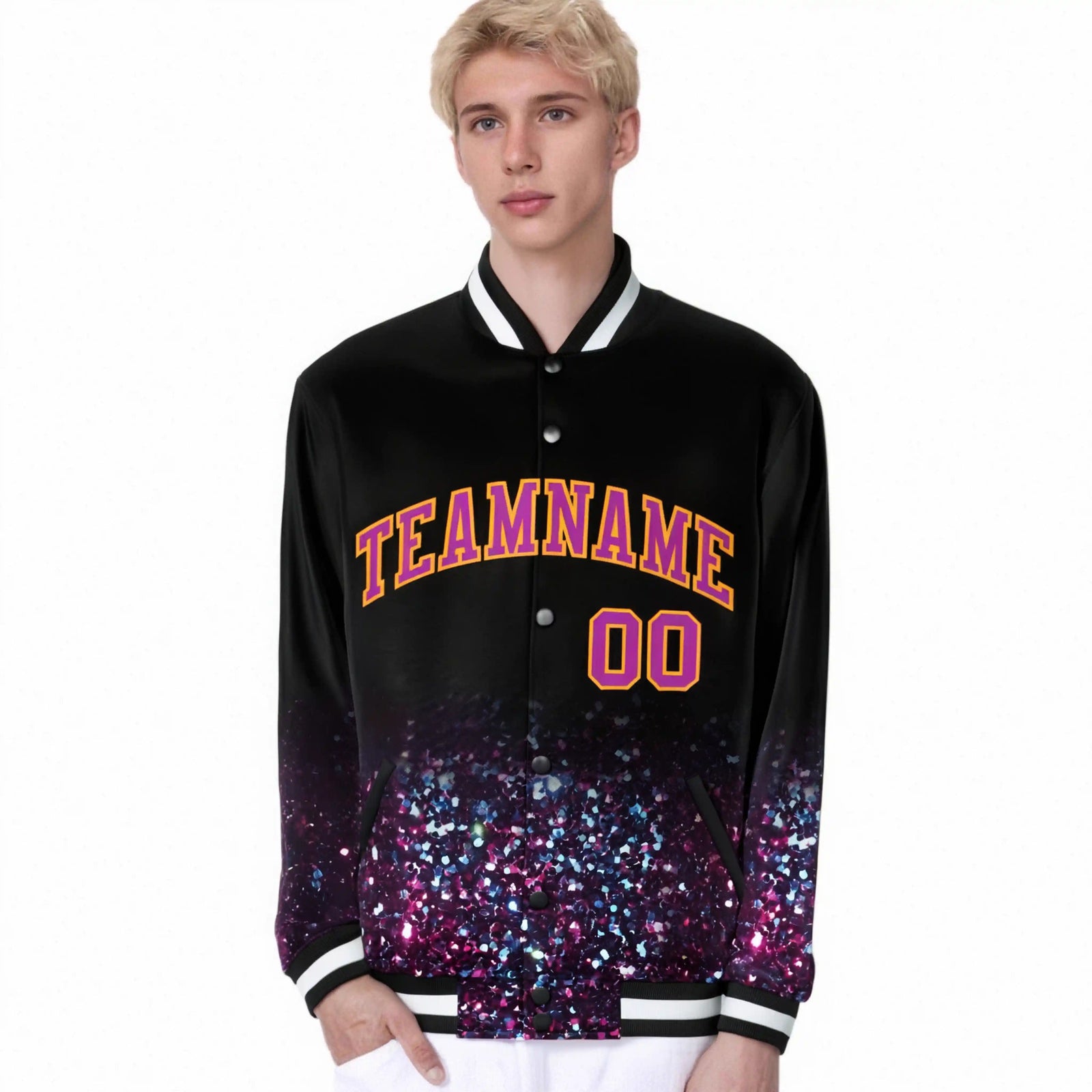 Custom Black Varsity Full-Snap Sequins Pattern Letterman Baseball Jacket