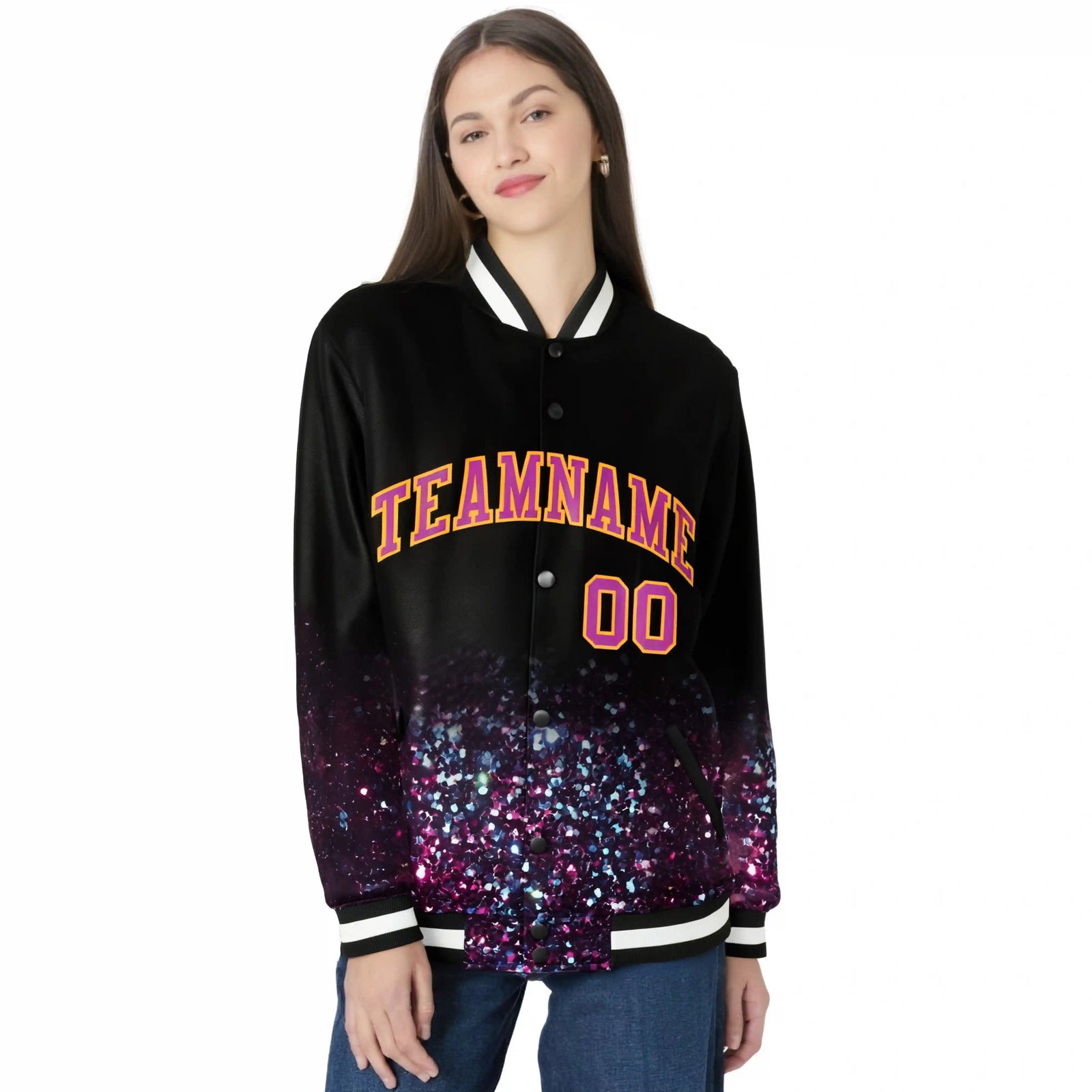 Custom Black Varsity Full-Snap Sequins Pattern Letterman Baseball Jacket
