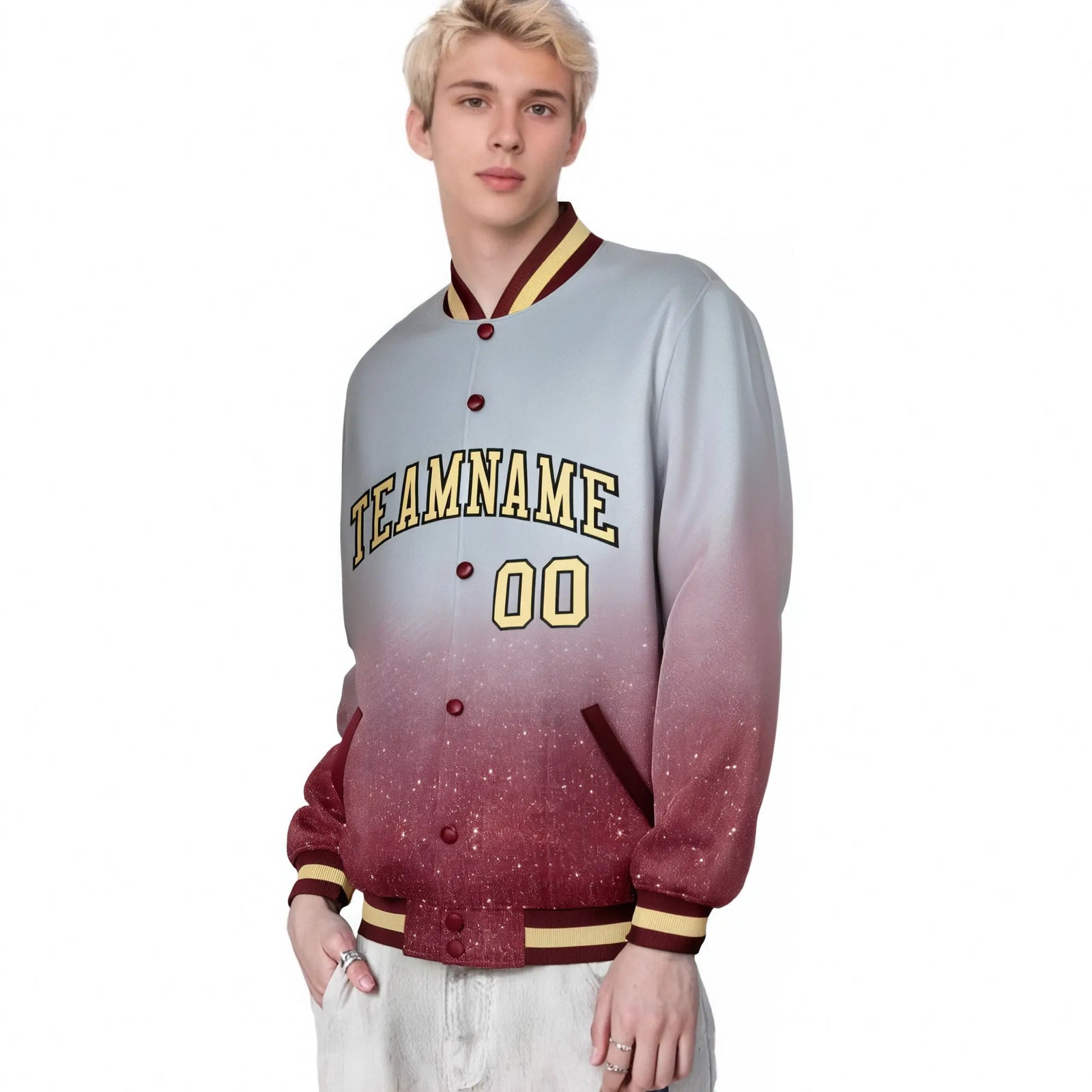 Custom Gray Varsity Full-Snap Sequins Pattern Letterman Baseball Jacket