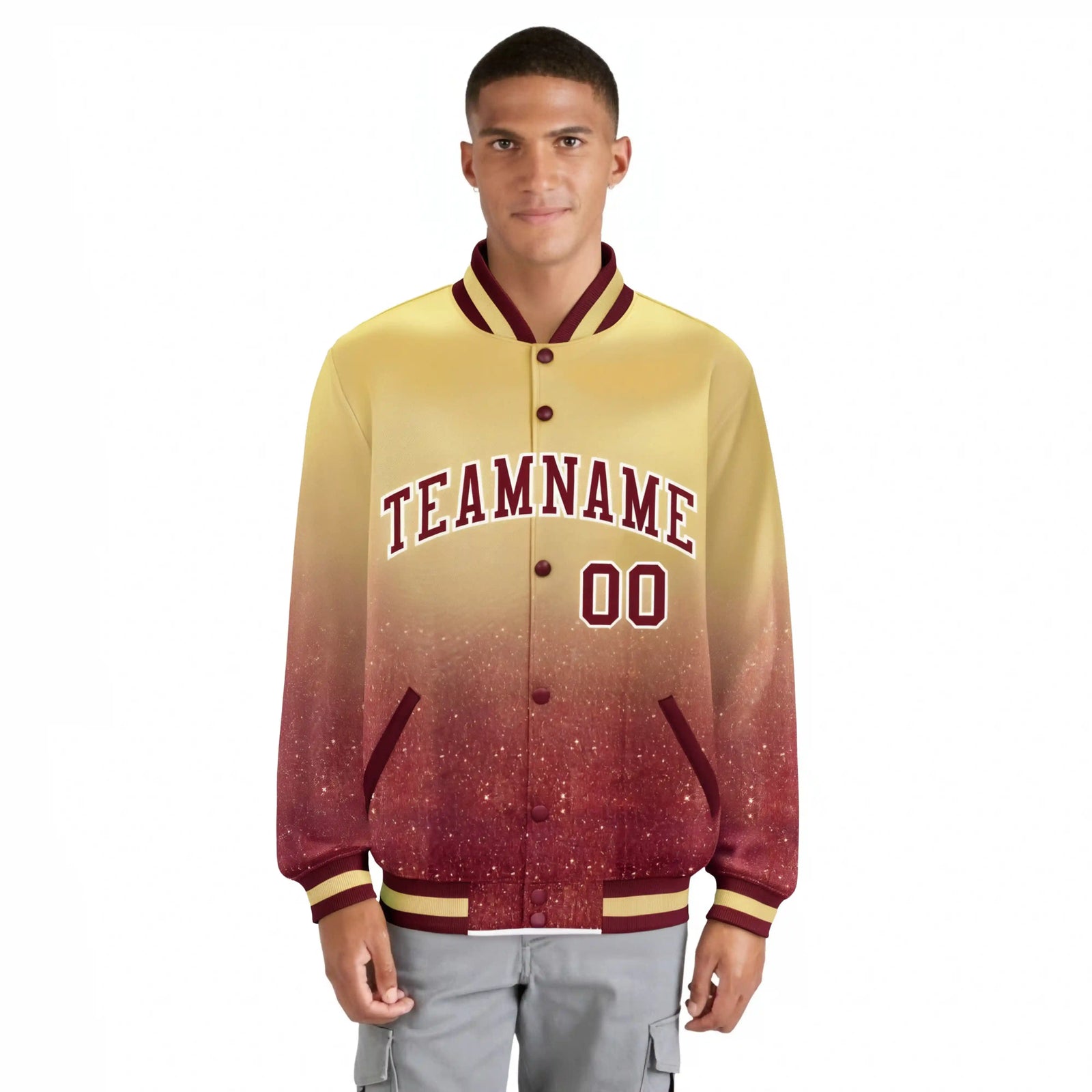 Custom Khaki Varsity Full-Snap Sequins Pattern Letterman Baseball Jacket