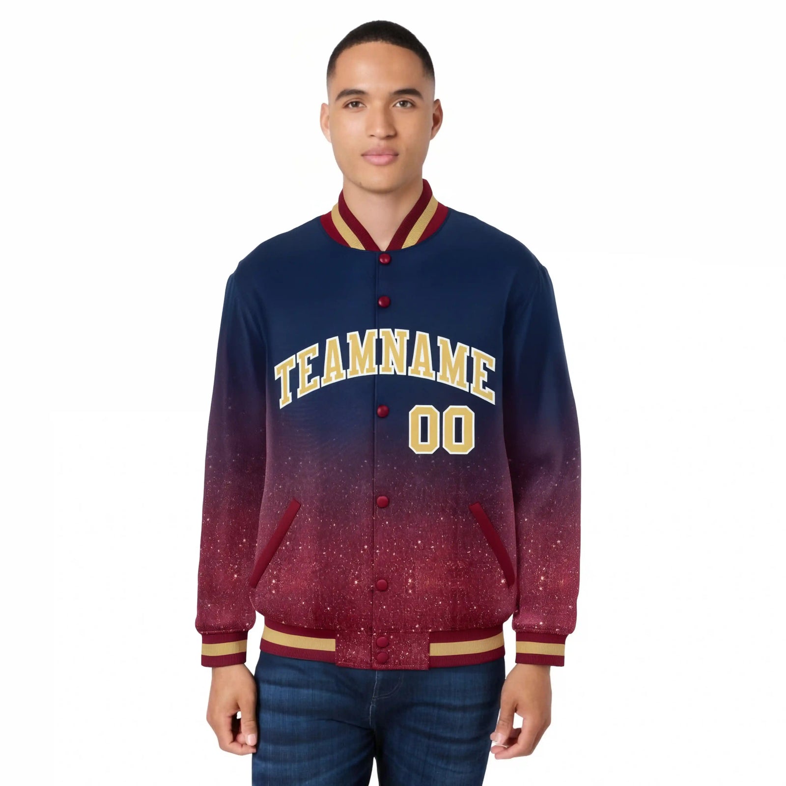 Custom Navy Varsity Full-Snap Sequins Pattern Letterman Baseball Jacket