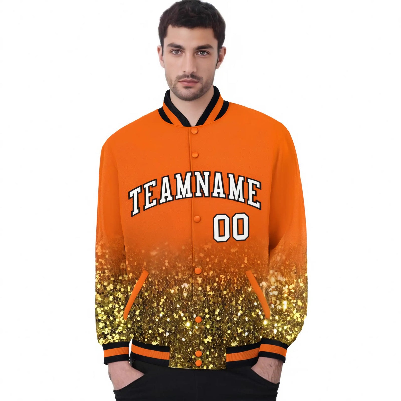 Custom Orange Varsity Full-Snap Sequins Pattern Letterman Baseball Jacket