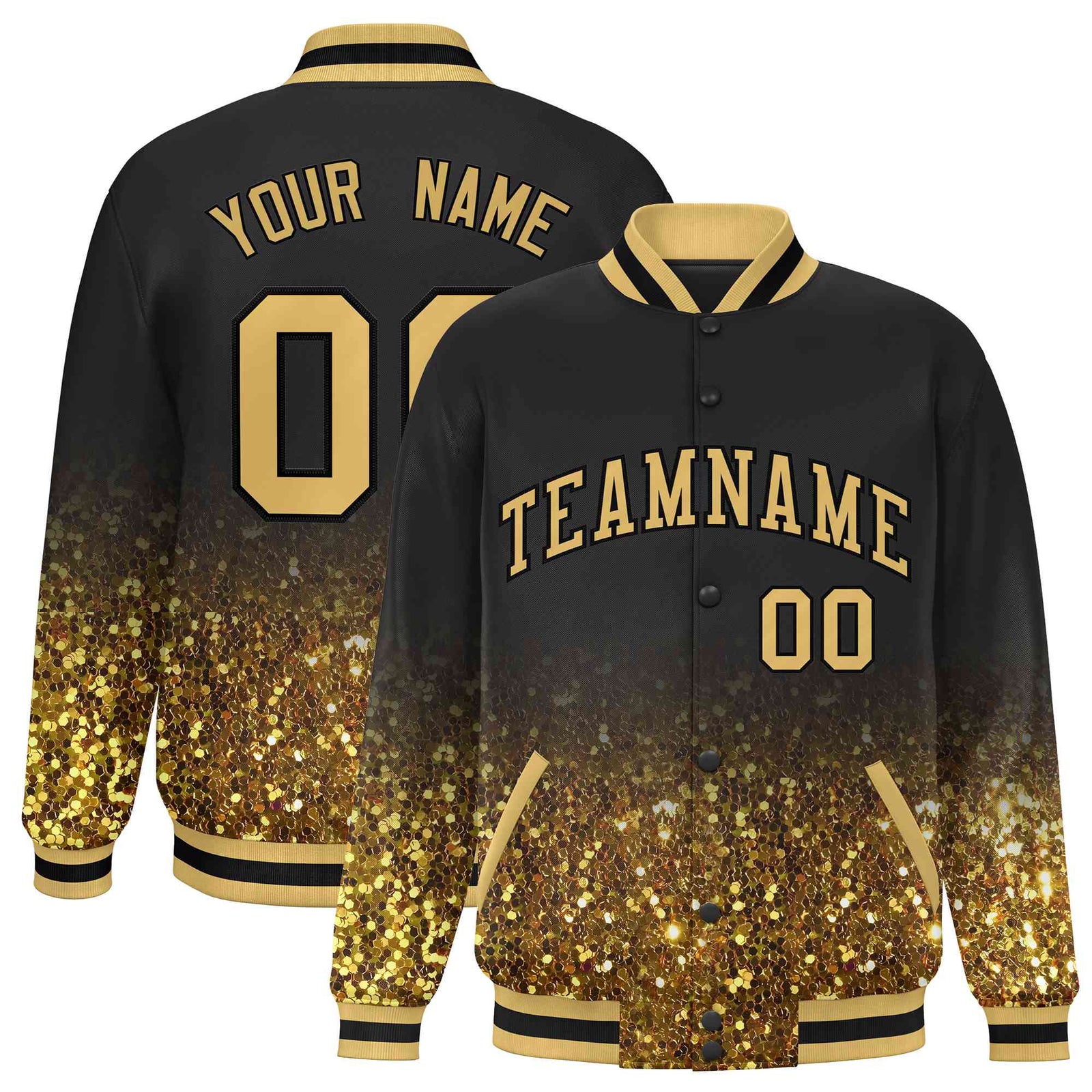 Custom Black Varsity Full-Snap Sequins Pattern Letterman Baseball Jacket