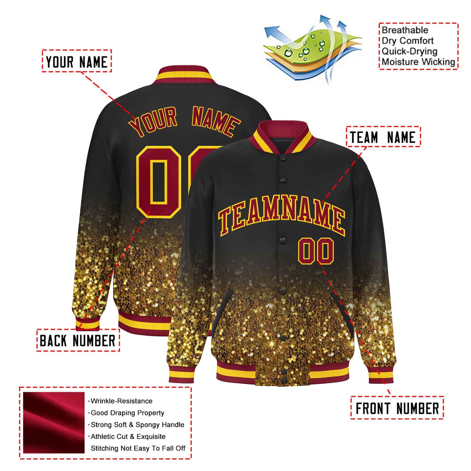 Custom Black Varsity Full-Snap Sequins Pattern Letterman Baseball Jacket