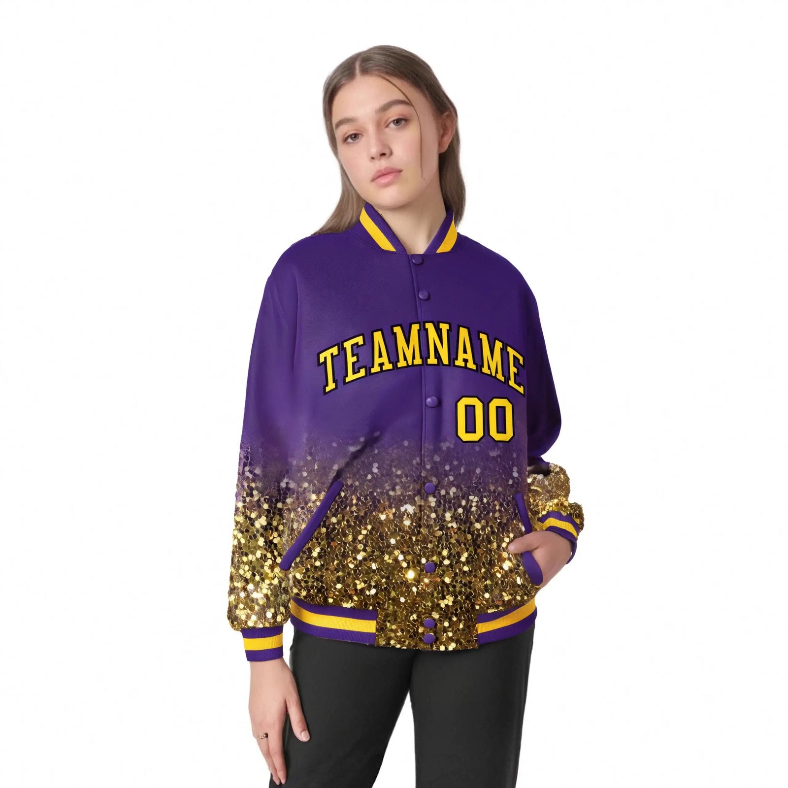 Custom Purple Varsity Full-Snap Sequins Pattern Letterman Baseball Jacket