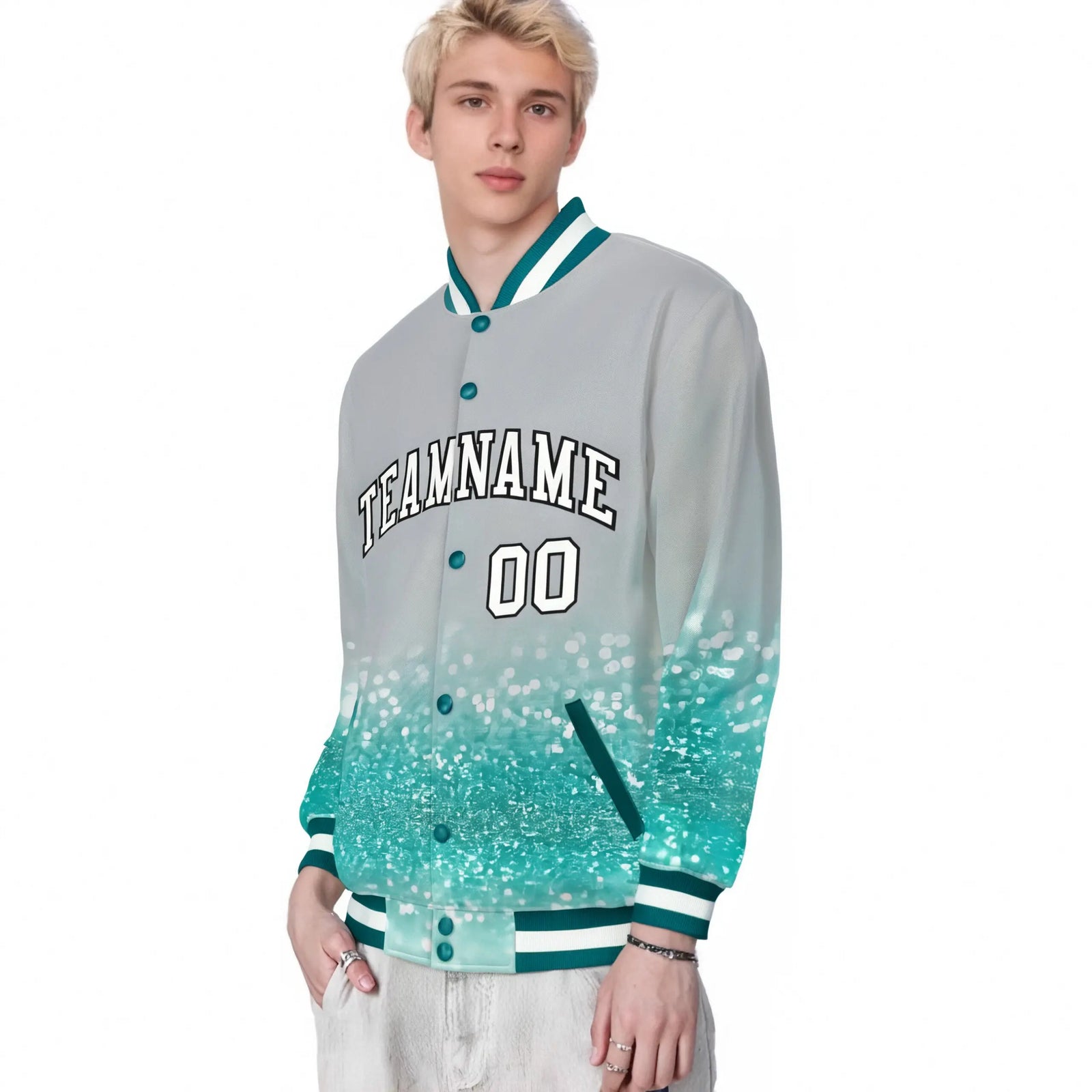 Custom Gray Varsity Full-Snap Sequins Pattern Letterman Baseball Jacket