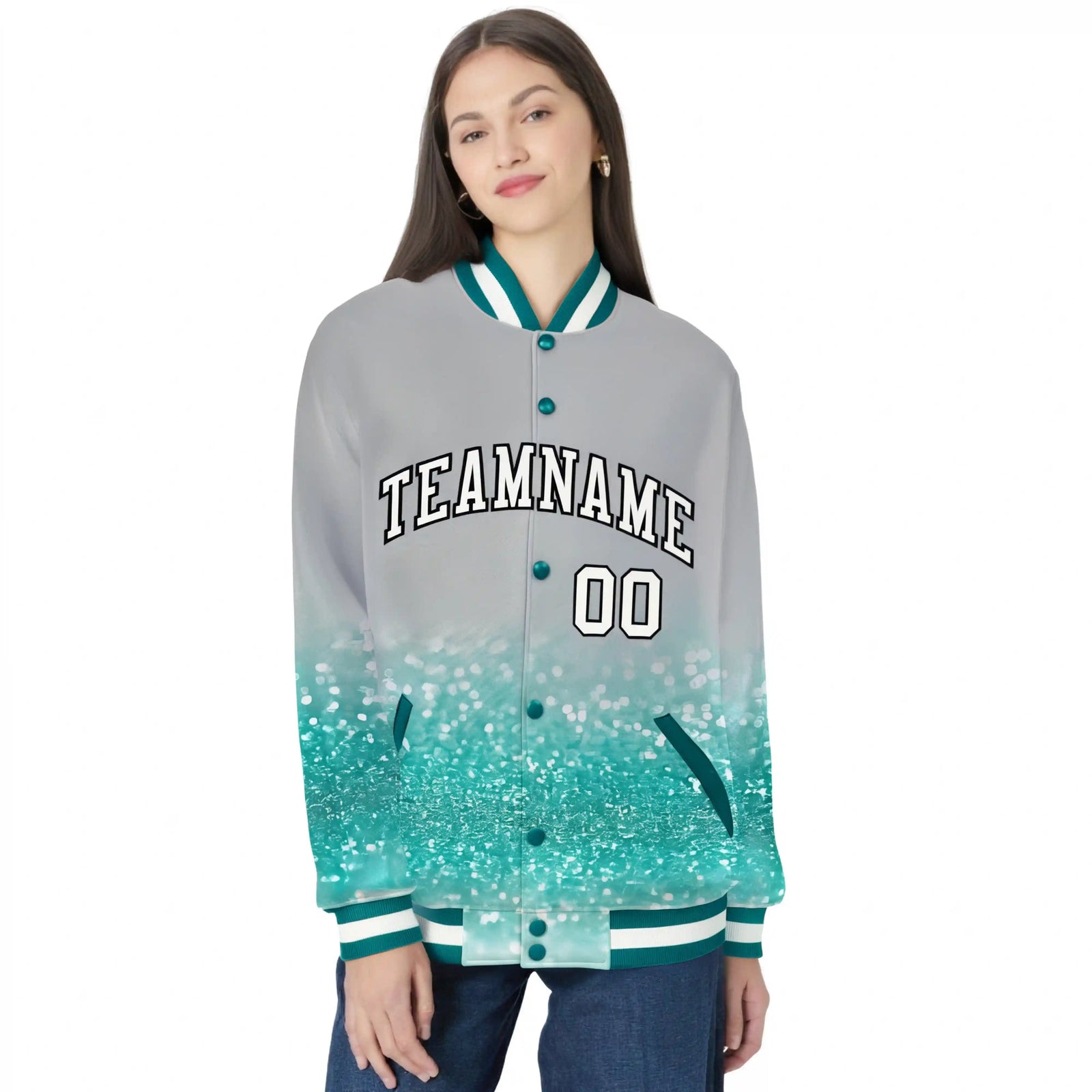 Custom Gray Varsity Full-Snap Sequins Pattern Letterman Baseball Jacket