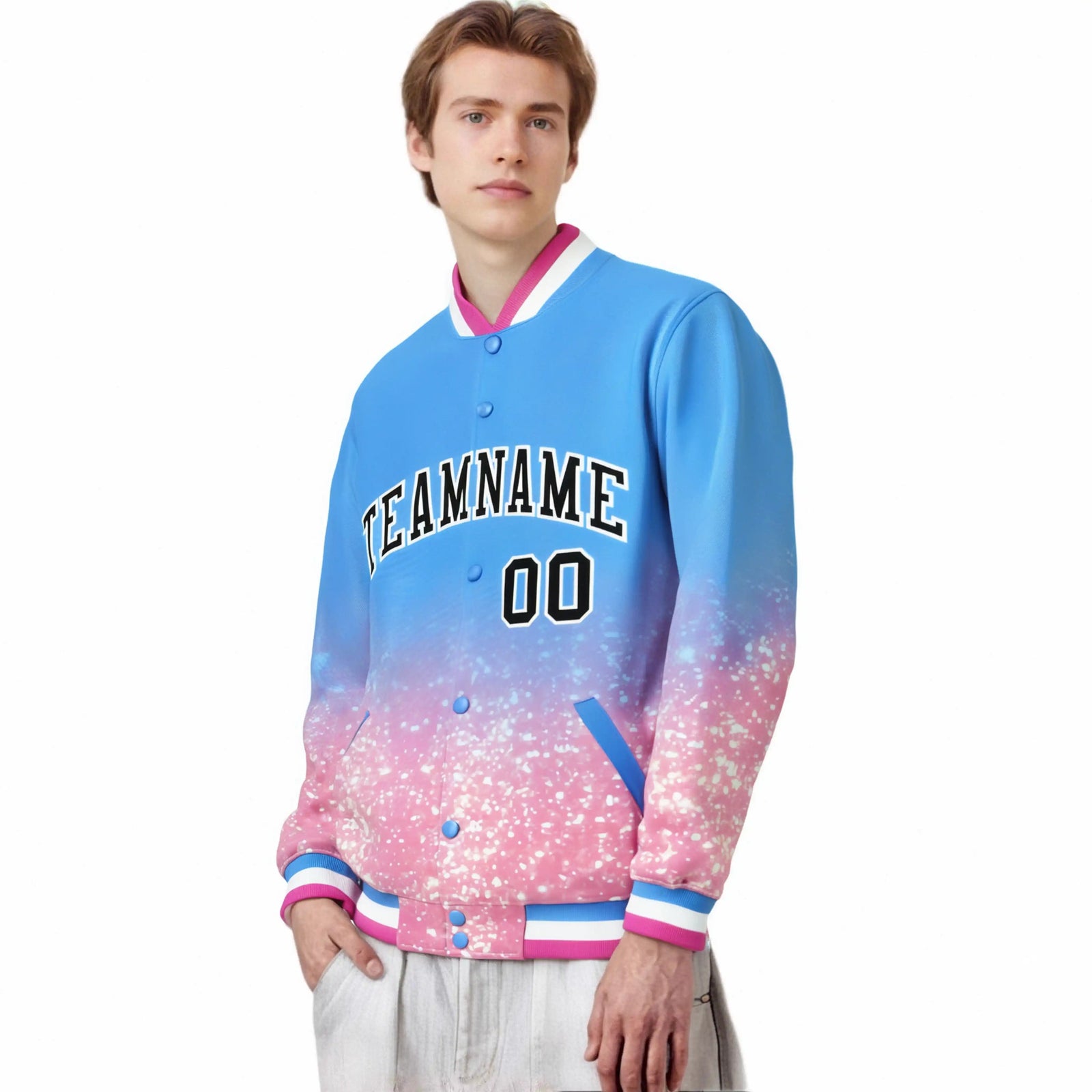 Custom Powder Blue Varsity Full-Snap Sequins Pattern Letterman Baseball Jacket