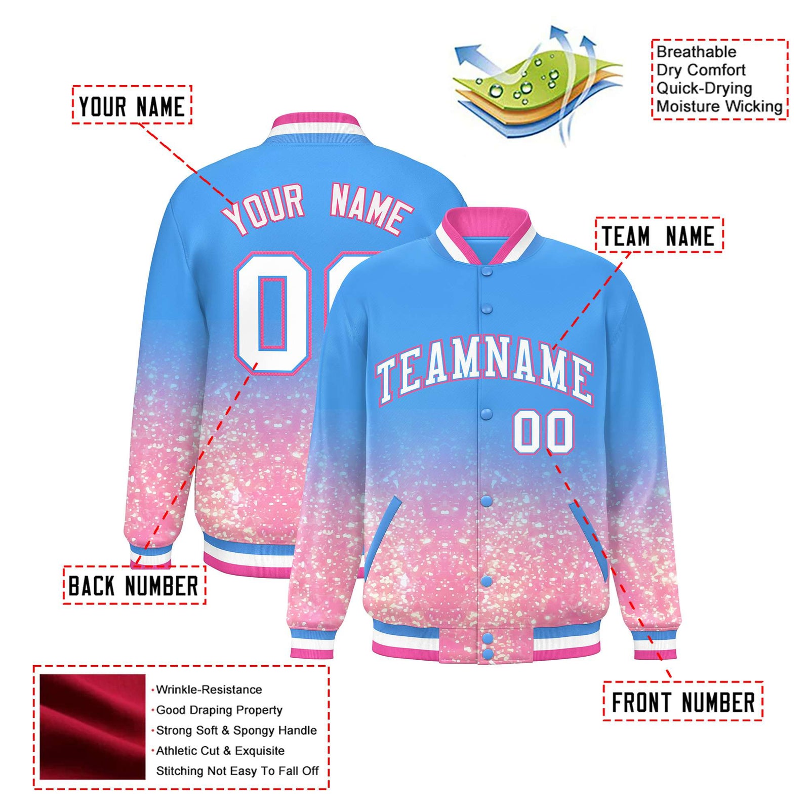 Custom Powder Blue Varsity Full-Snap Sequins Pattern Letterman Baseball Jacket