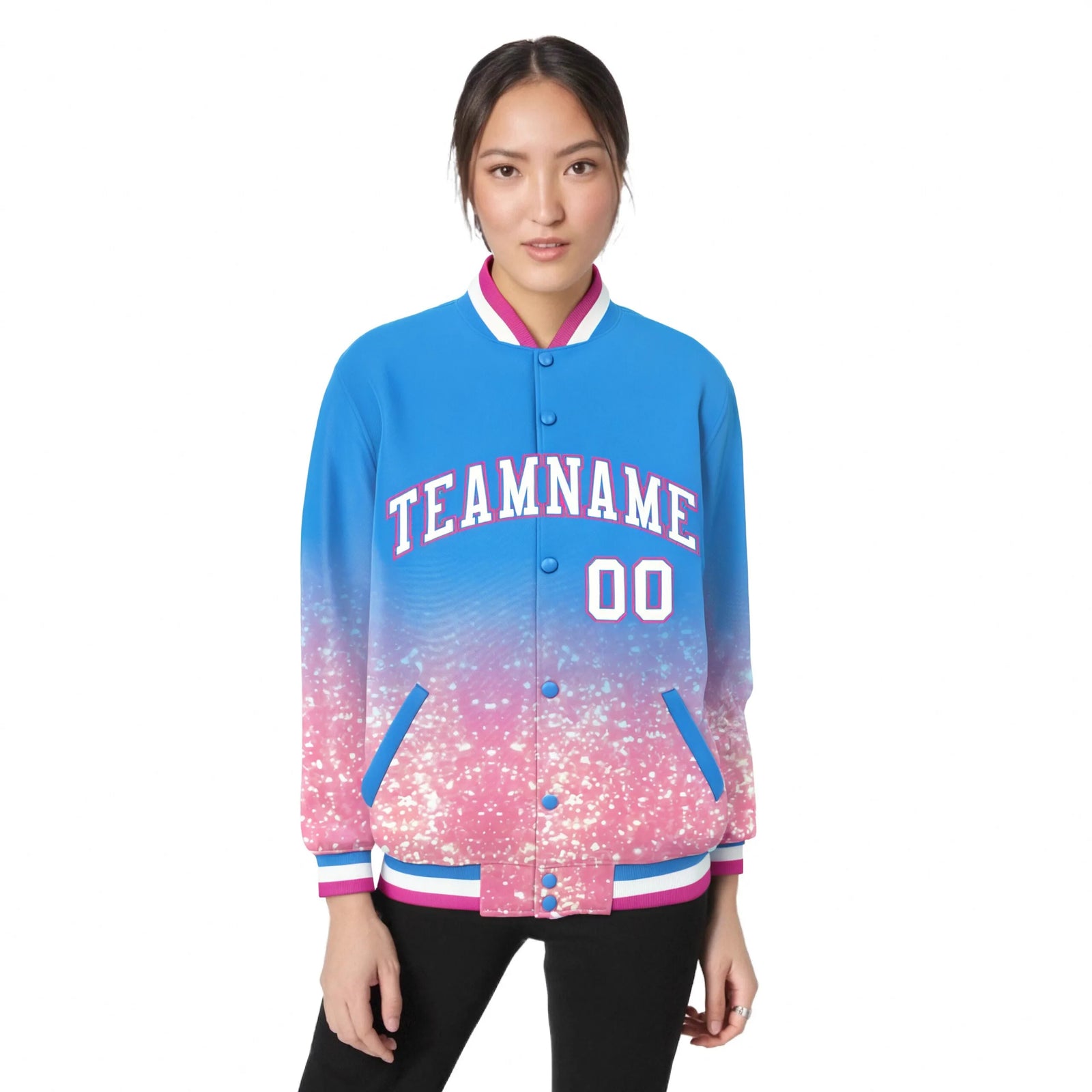 Custom Powder Blue Varsity Full-Snap Sequins Pattern Letterman Baseball Jacket
