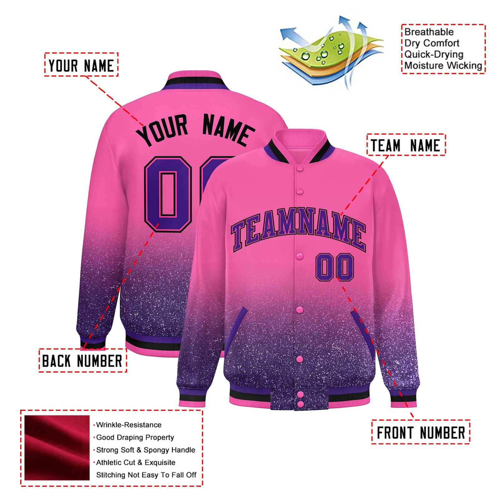Custom Pink Varsity Full-Snap Sequins Pattern Letterman Baseball Jacket