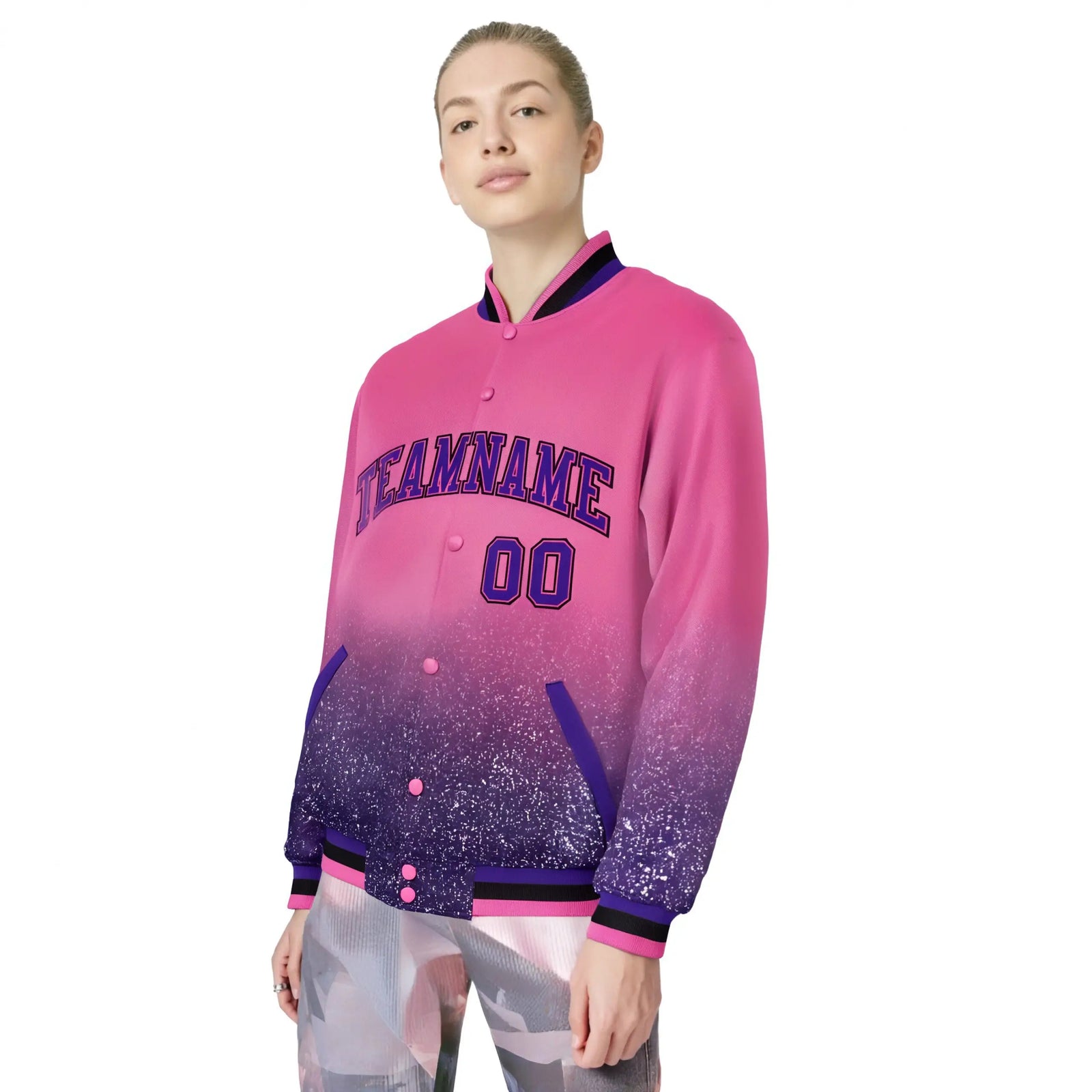 Custom Pink Varsity Full-Snap Sequins Pattern Letterman Baseball Jacket