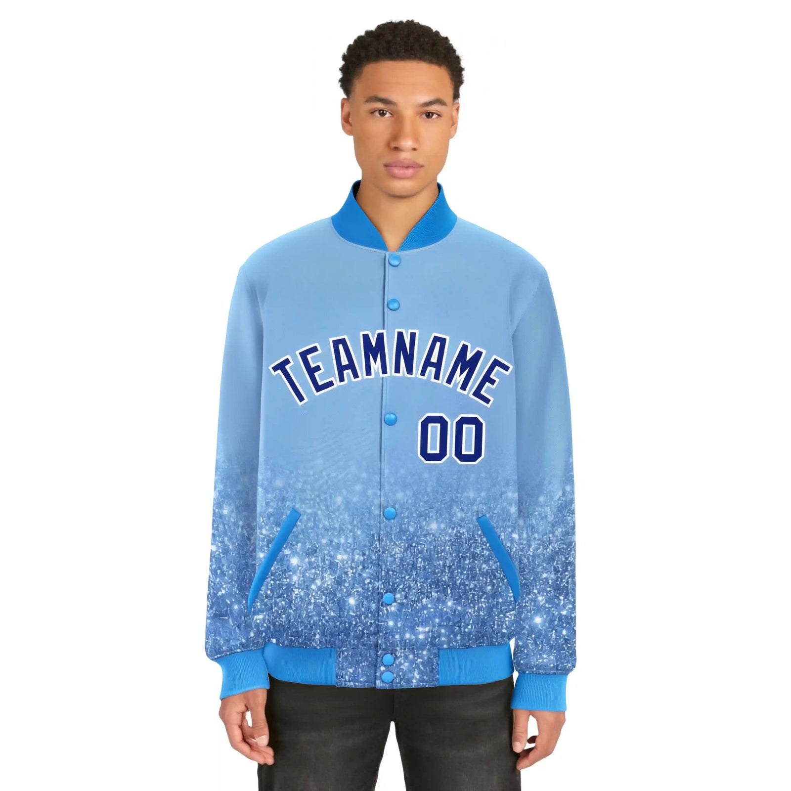 Custom Powder Blue Varsity Full-Snap Sequins Pattern Letterman Baseball Jacket