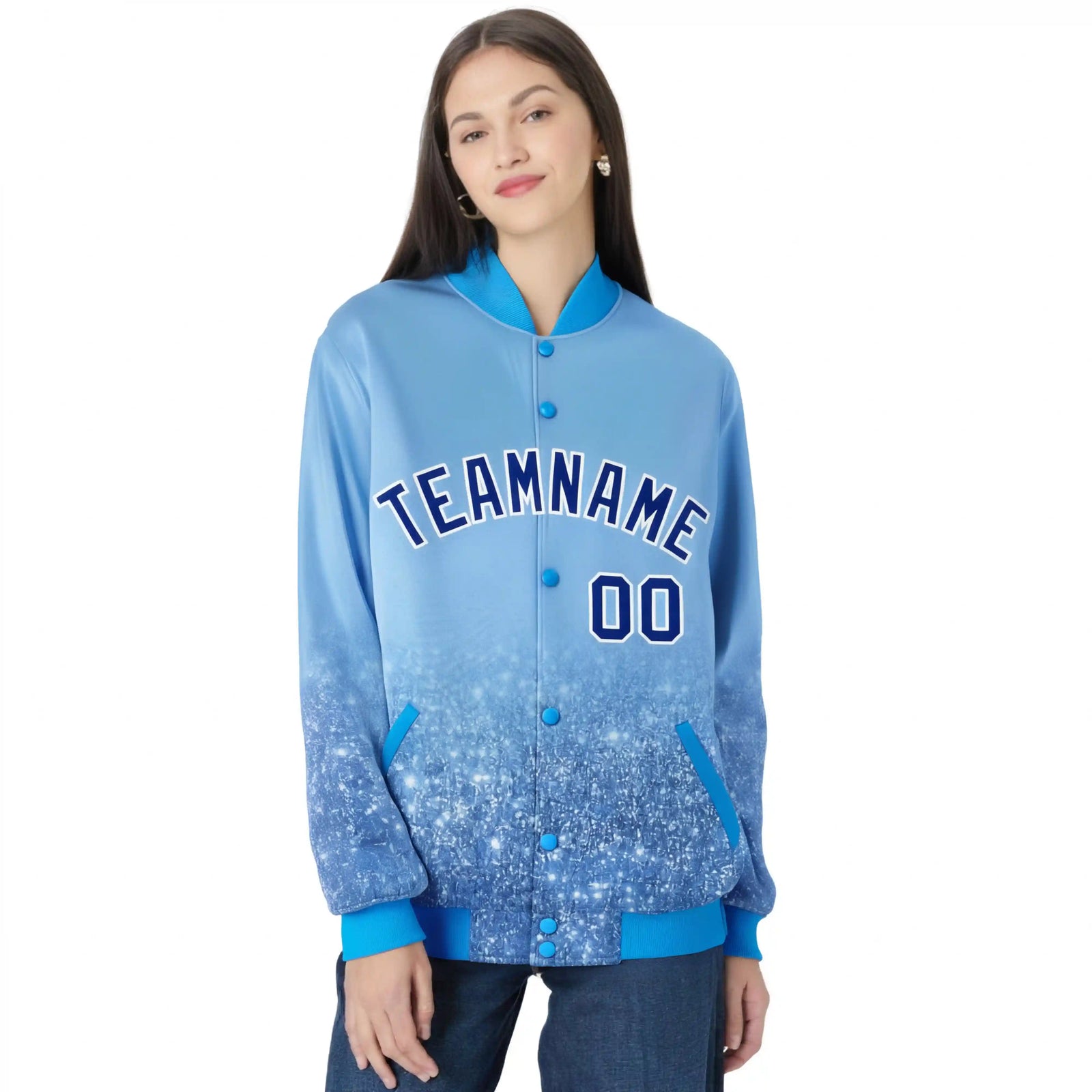 Custom Powder Blue Varsity Full-Snap Sequins Pattern Letterman Baseball Jacket