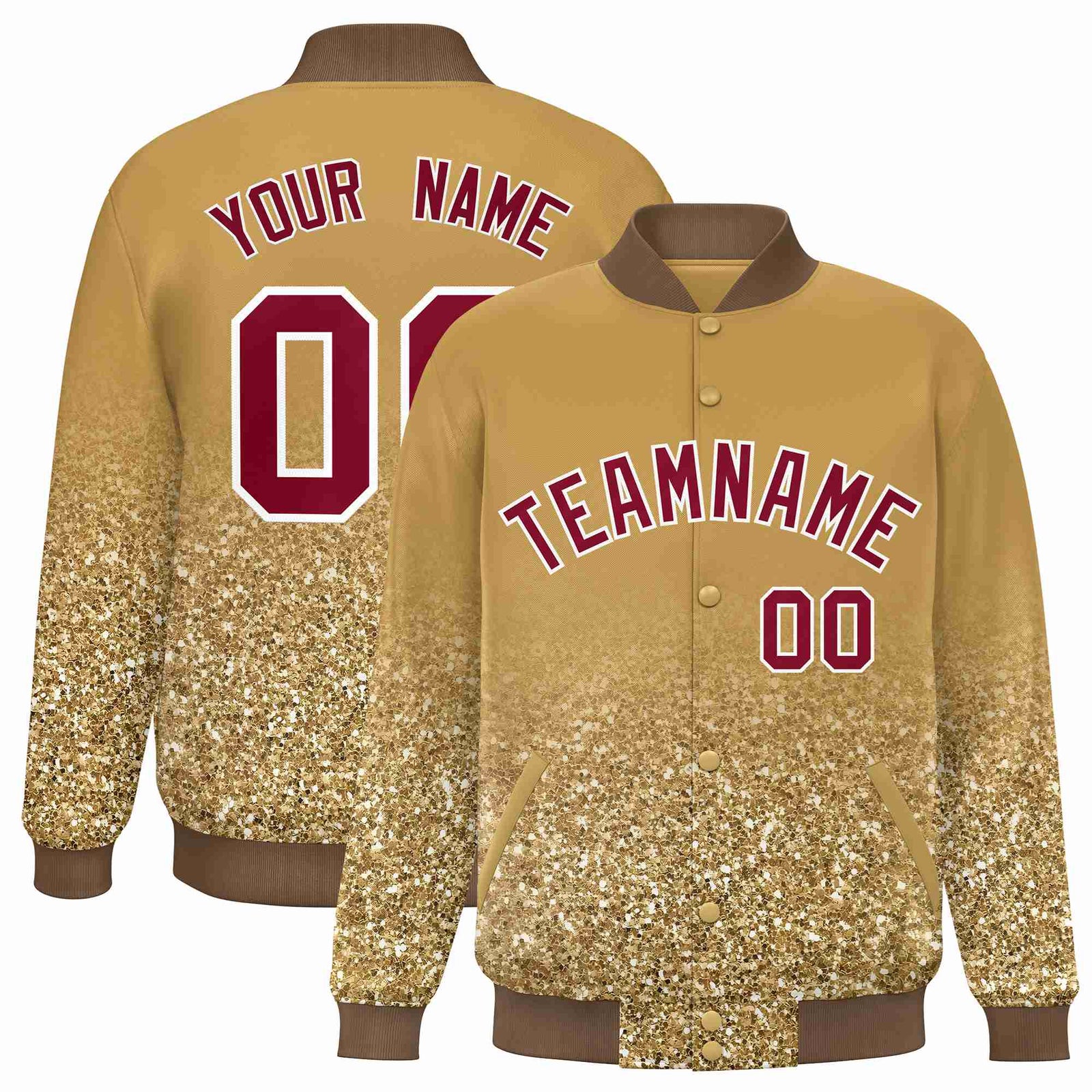 Custom Old-Gold Varsity Full-Snap Sequins Pattern Letterman Baseball Jacket