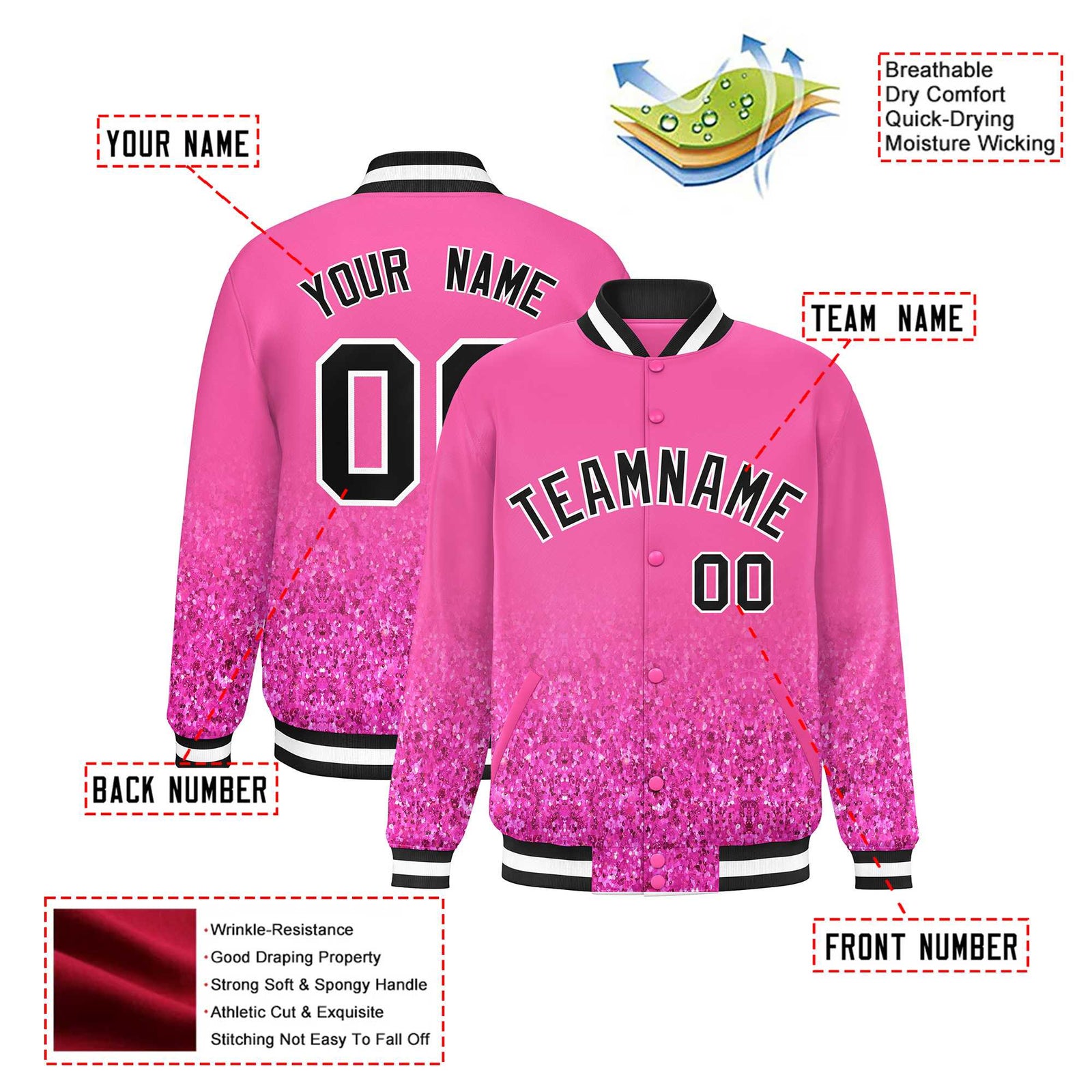 Custom Pink Varsity Full-Snap Sequins Pattern Letterman Baseball Jacket