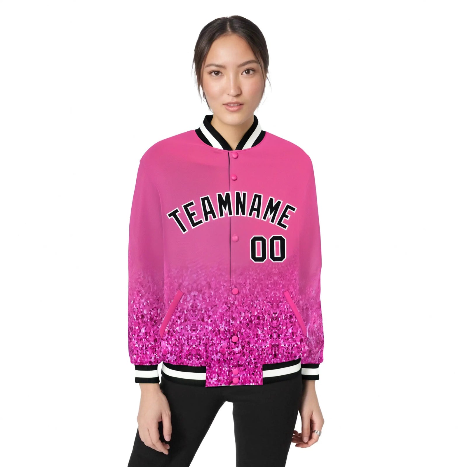 Custom Pink Varsity Full-Snap Sequins Pattern Letterman Baseball Jacket