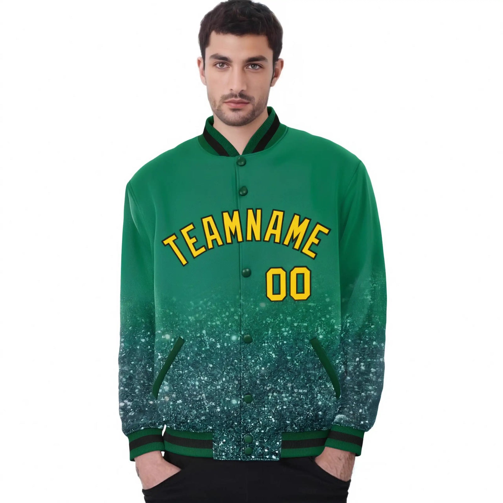 Custom Kelly Green Varsity Full-Snap Sequins Pattern Letterman Baseball Jacket