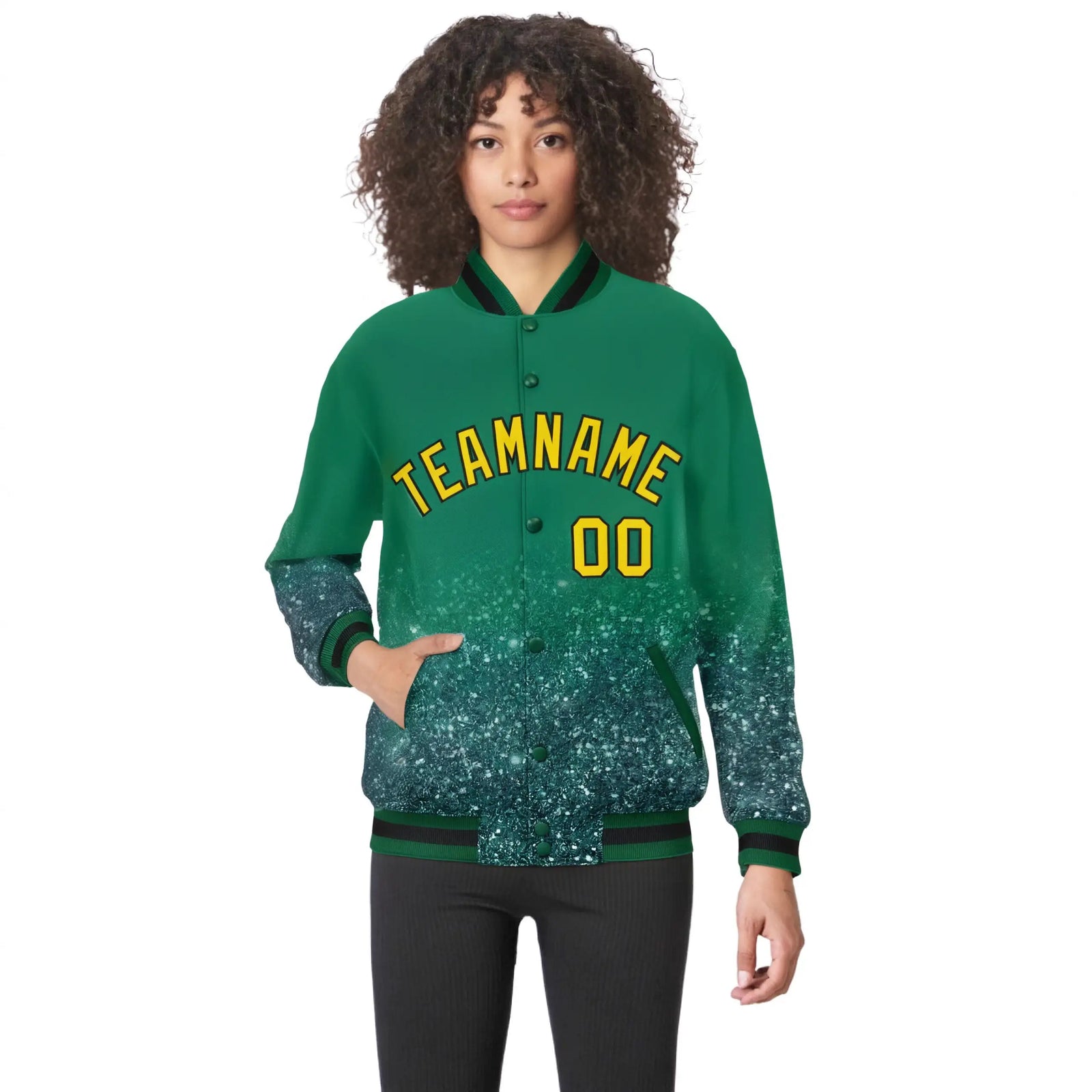 Custom Kelly Green Varsity Full-Snap Sequins Pattern Letterman Baseball Jacket