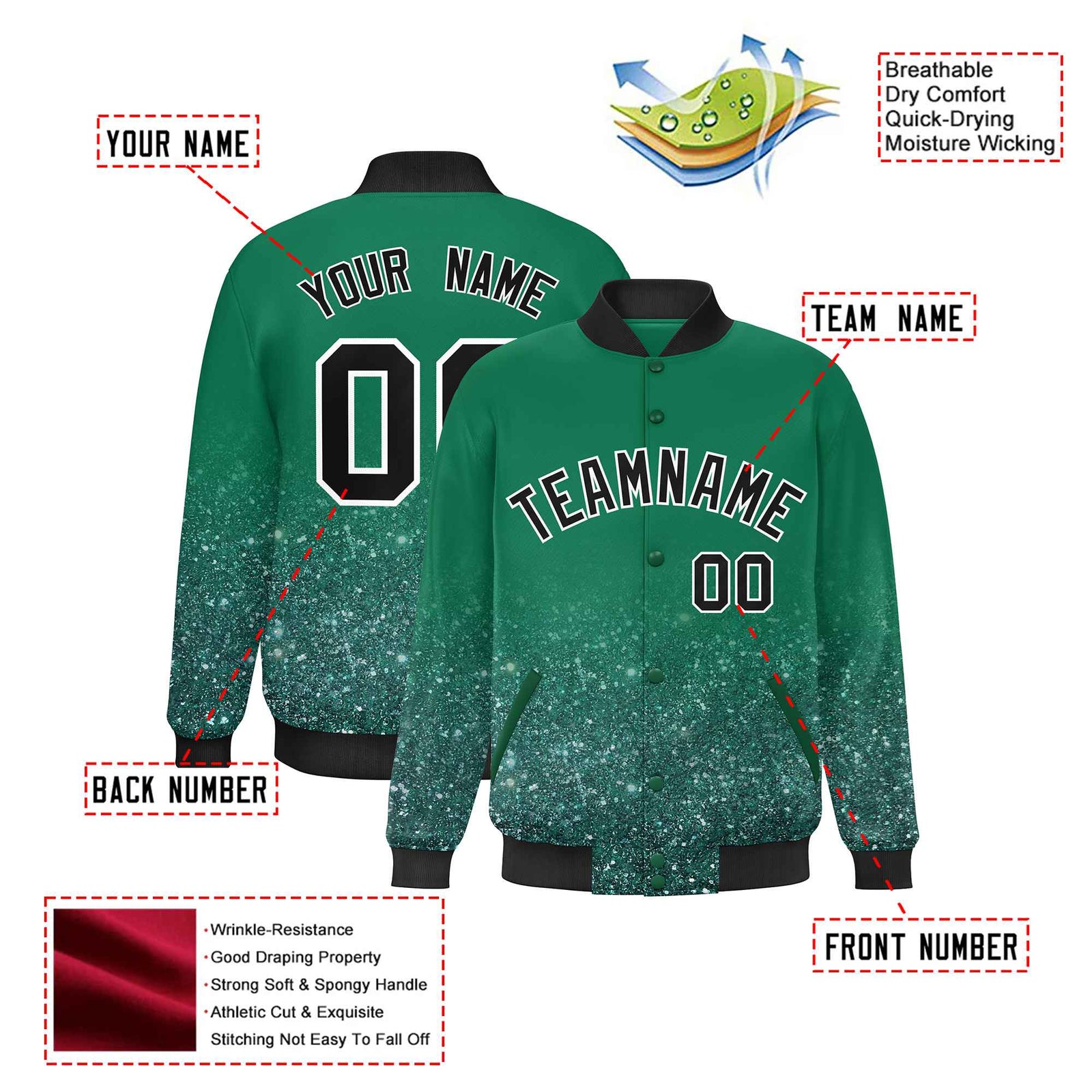 Custom Kelly Green Varsity Full-Snap Sequins Pattern Letterman Baseball Jacket