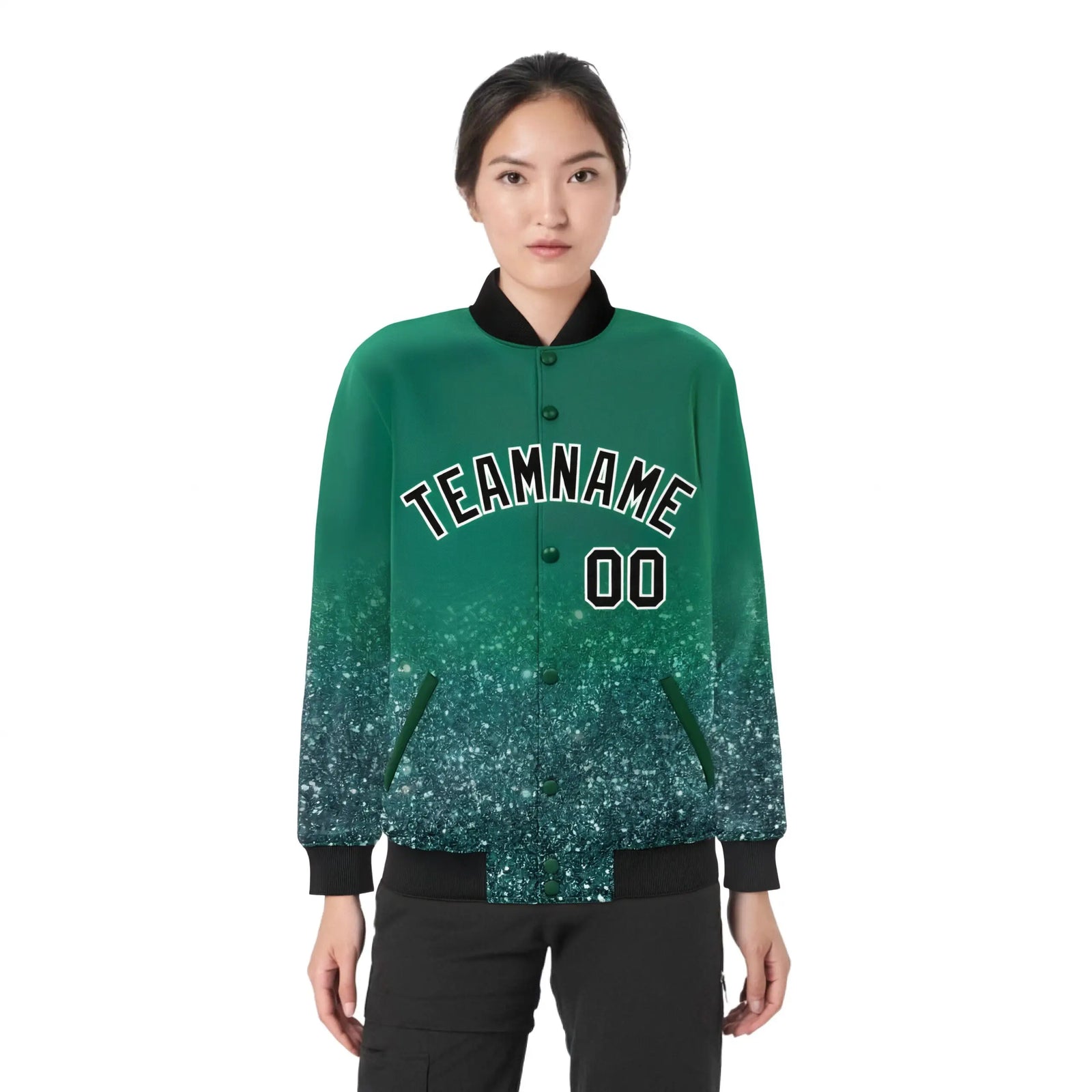Custom Kelly Green Varsity Full-Snap Sequins Pattern Letterman Baseball Jacket