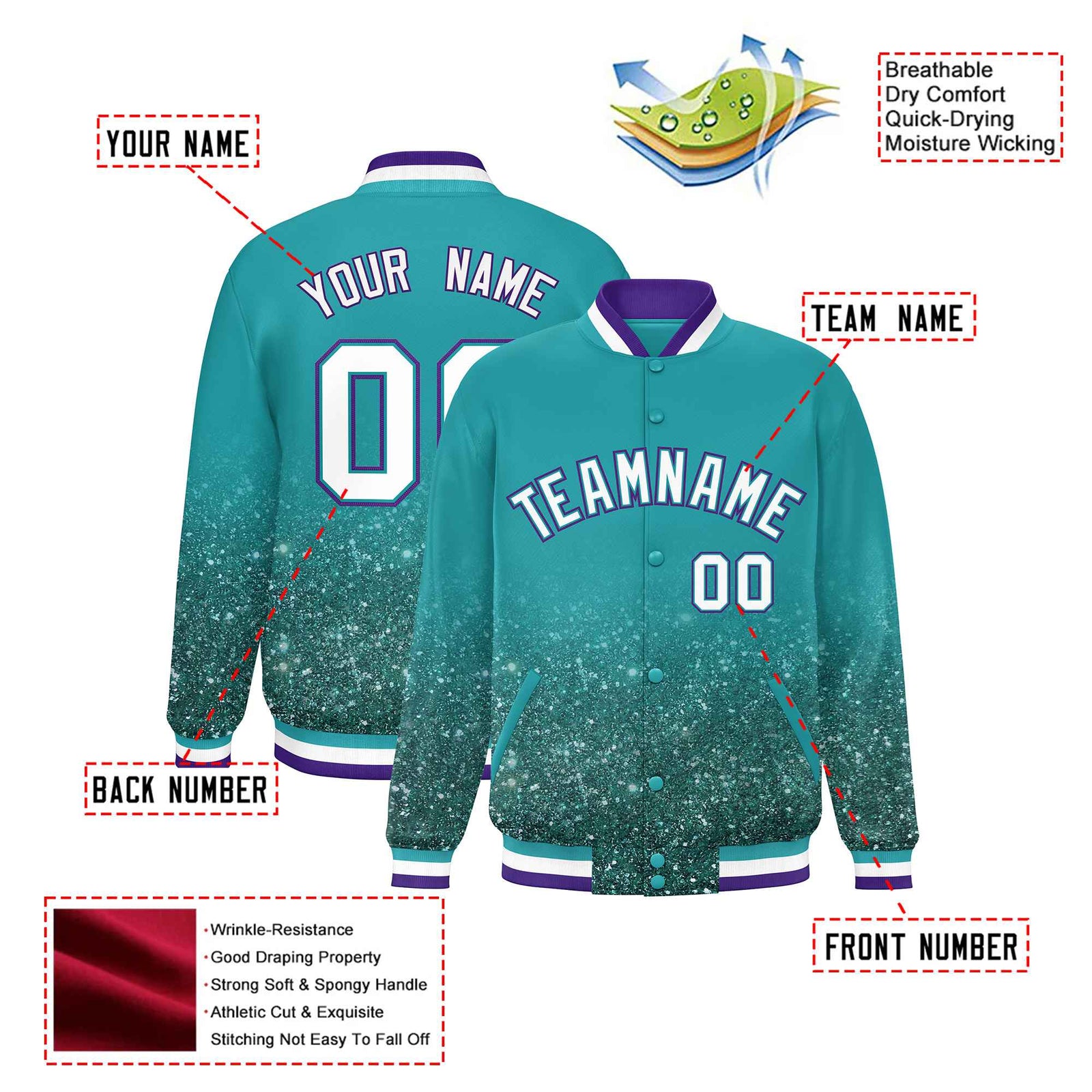 Custom Aqua Varsity Full-Snap Sequins Pattern Letterman Baseball Jacket