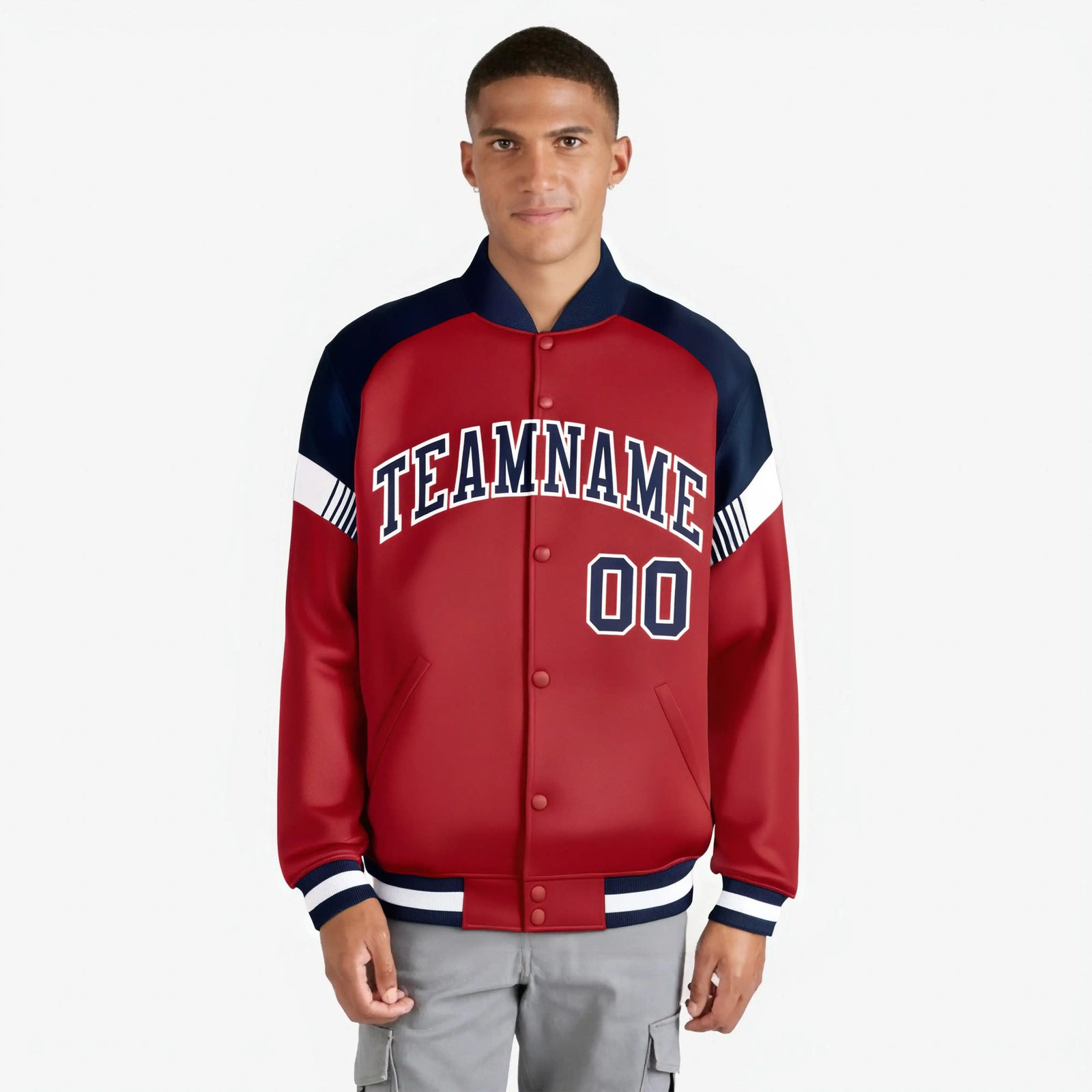 Custom Red Navy-White Varsity Full-Snap Color Block Letterman Jacket