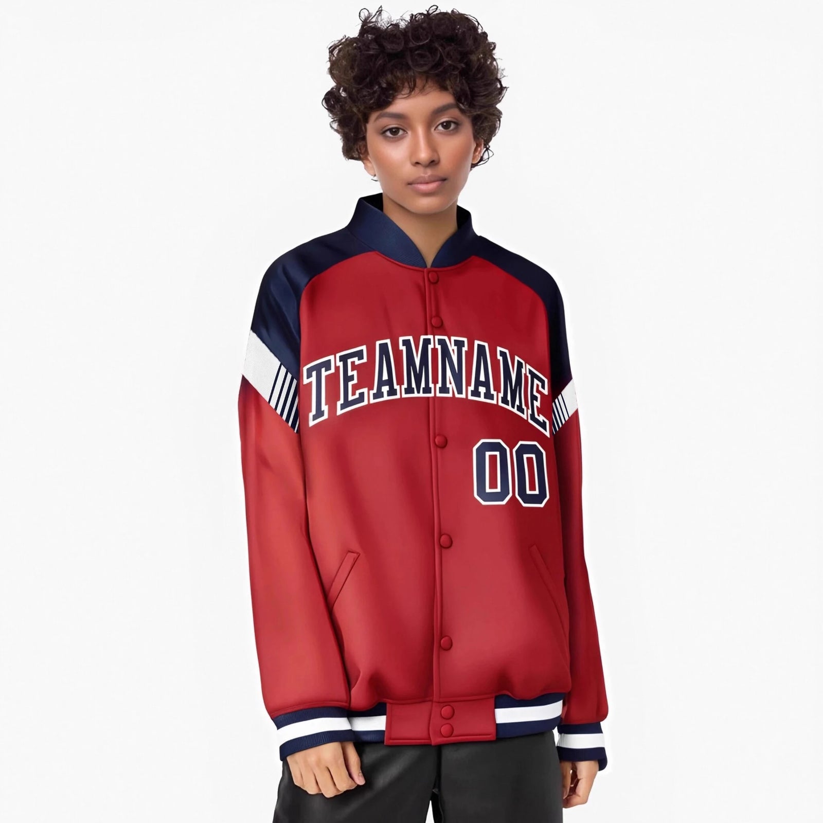 Custom Red Navy-White Varsity Full-Snap Color Block Letterman Jacket