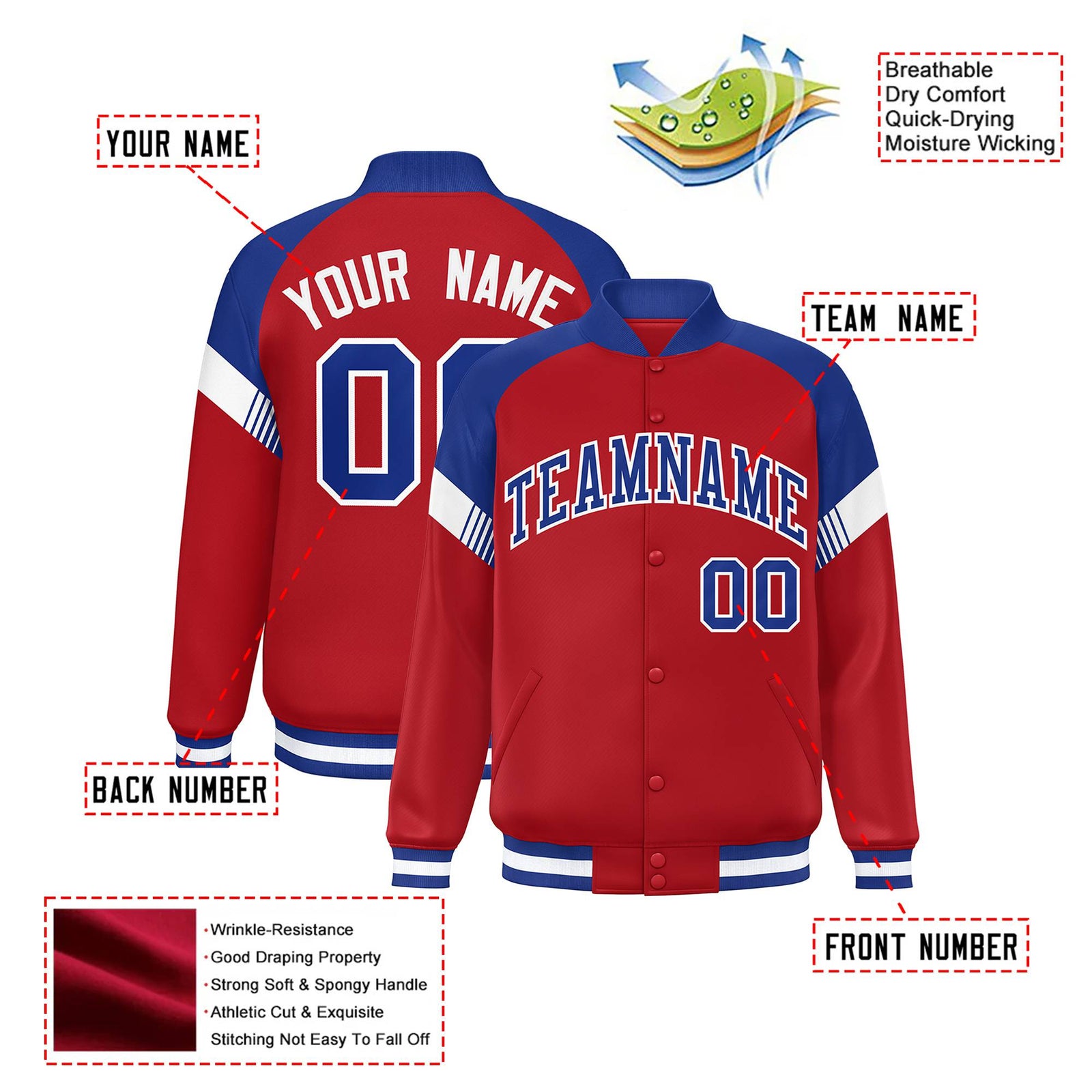 Custom Red Royal Blue-White Varsity Full-Snap Color Block Letterman Jacket