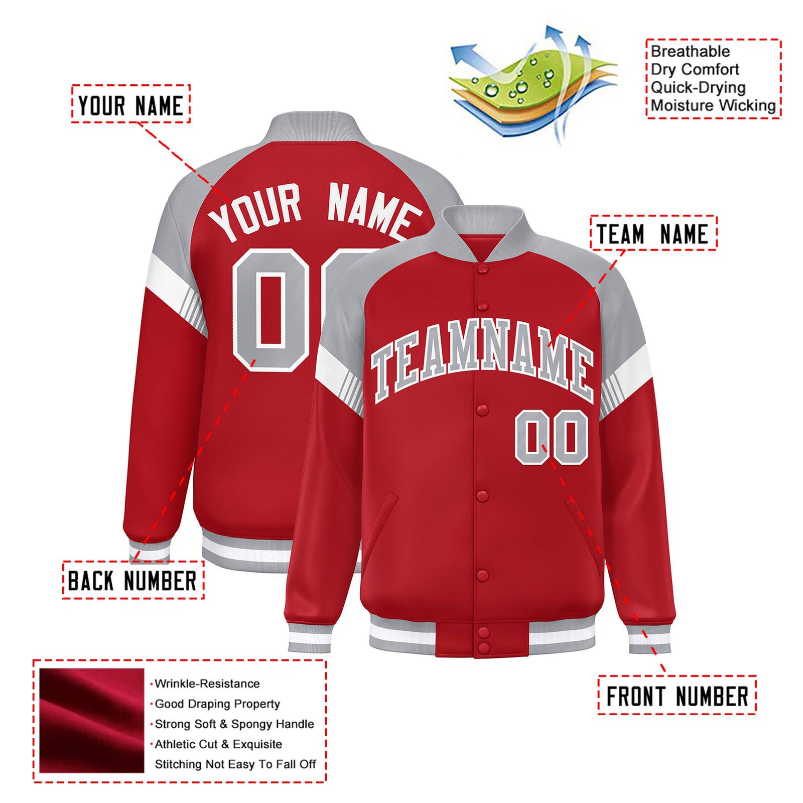 Custom Red Gray-White Varsity Full-Snap Color Block Letterman Jacket