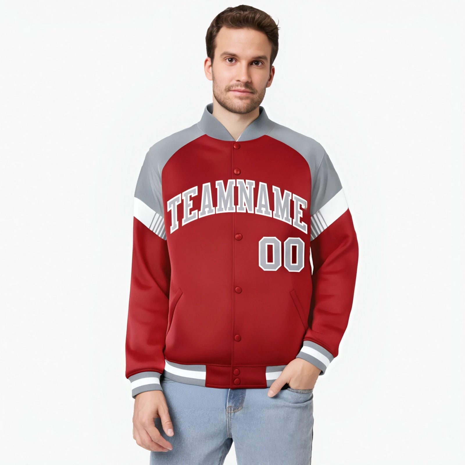 Custom Red Gray-White Varsity Full-Snap Color Block Letterman Jacket