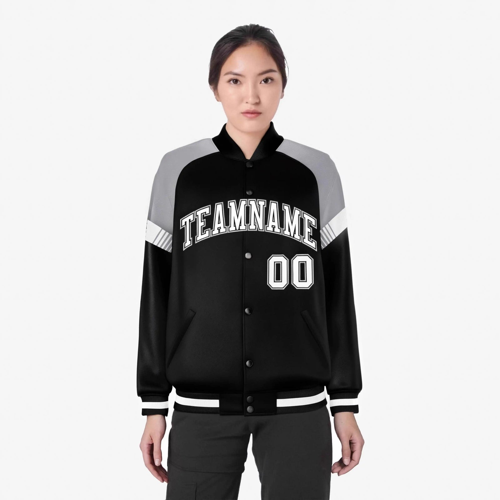 Custom Black Gray-White Varsity Full-Snap Color Block Letterman Jacket