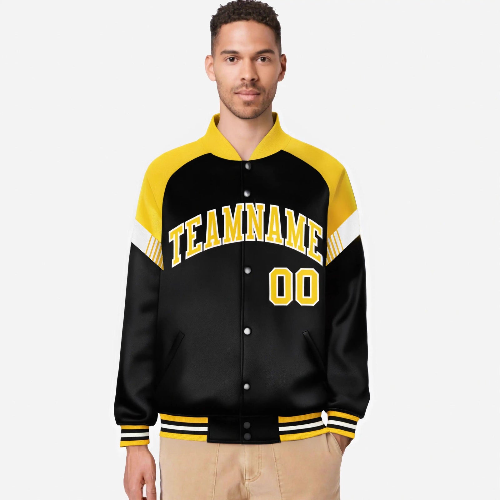 Custom Black Gold-White Varsity Full-Snap Color Block Letterman Jacket
