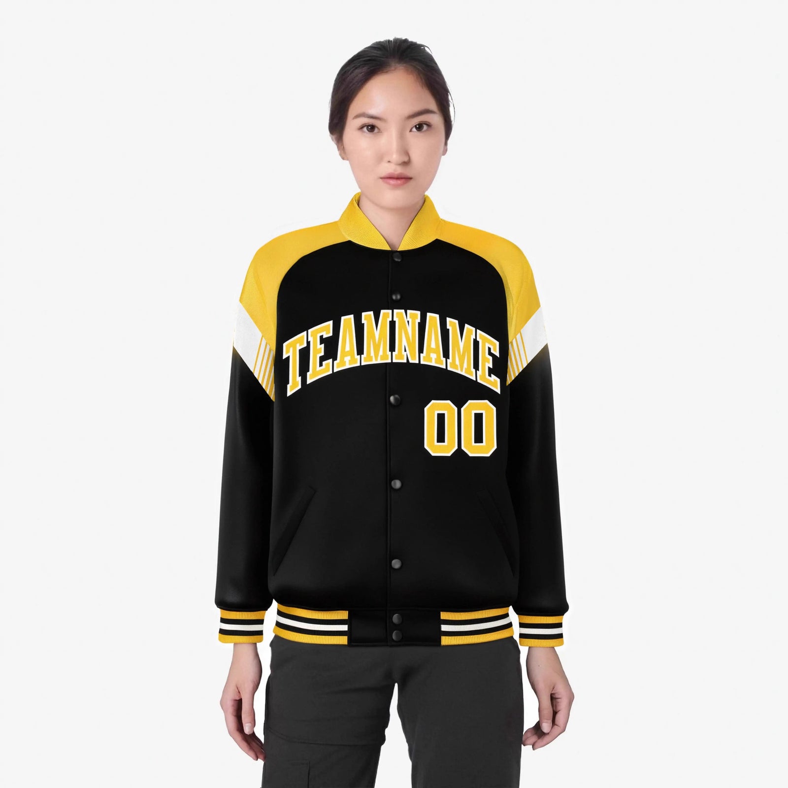 Custom Black Gold-White Varsity Full-Snap Color Block Letterman Jacket