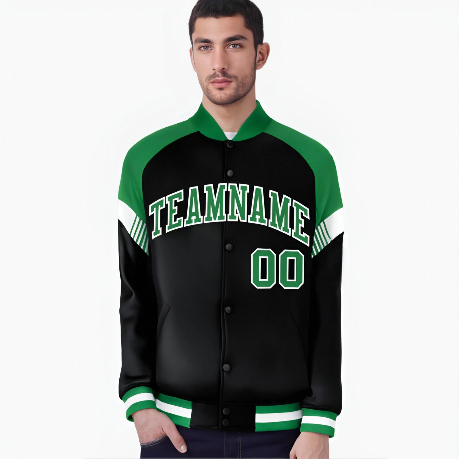 Custom Black Kelly Green-White Varsity Full-Snap Color Block Letterman Jacket
